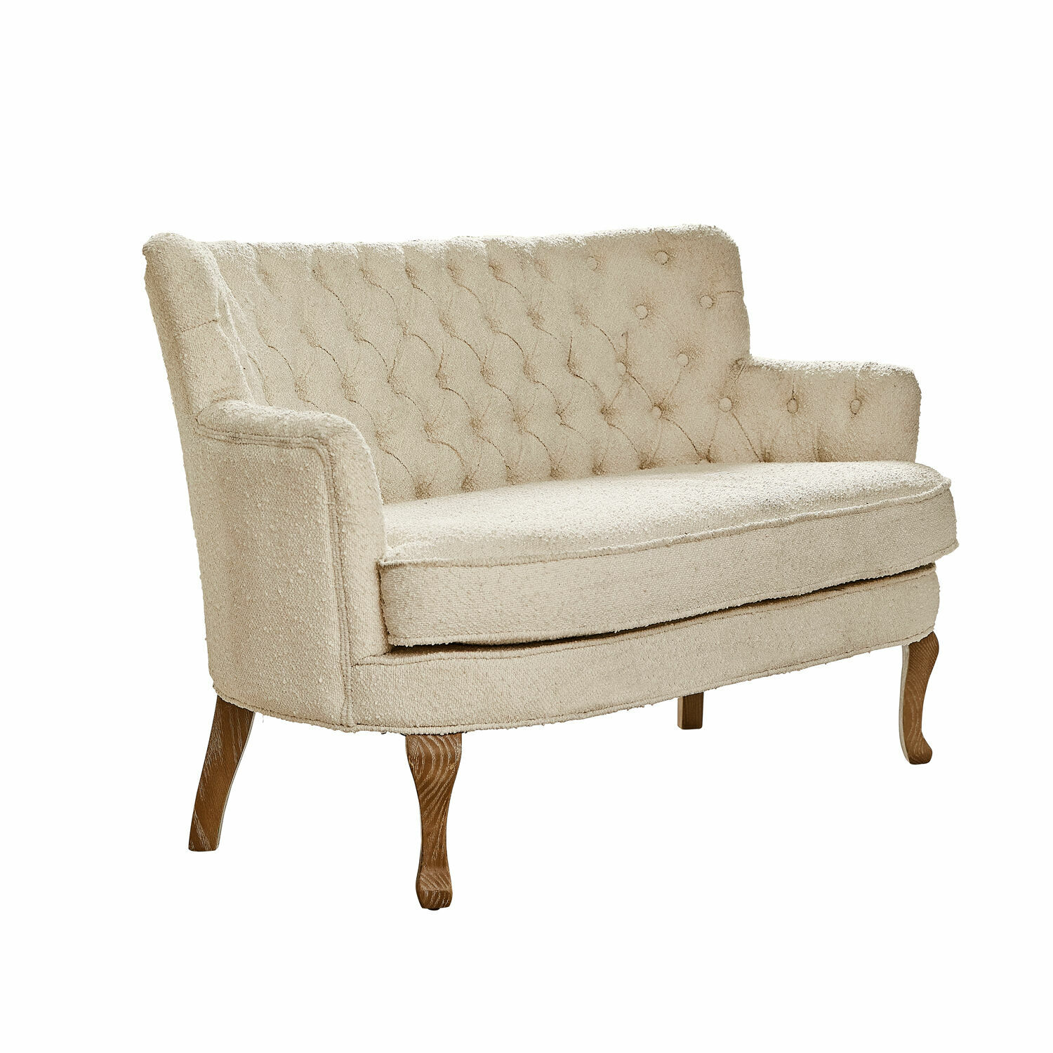Sofa Calgary Zweisitziges Sofa aus beigem Bouclé-Stoff mit Holzbeinen, elegantes Wohnzimmermöbel
