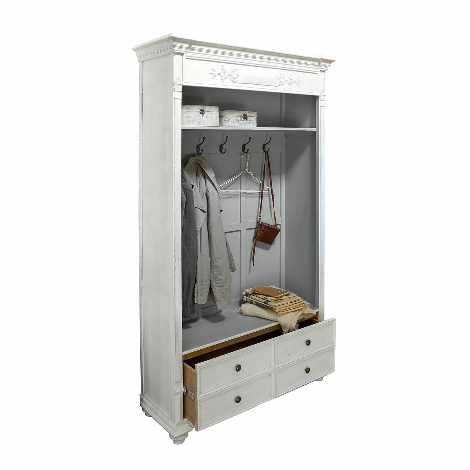 Weisser Holz-Garderobenschrank mit Haken und Schubladen zur Aufbewahrung von Kleidung und Accessoires