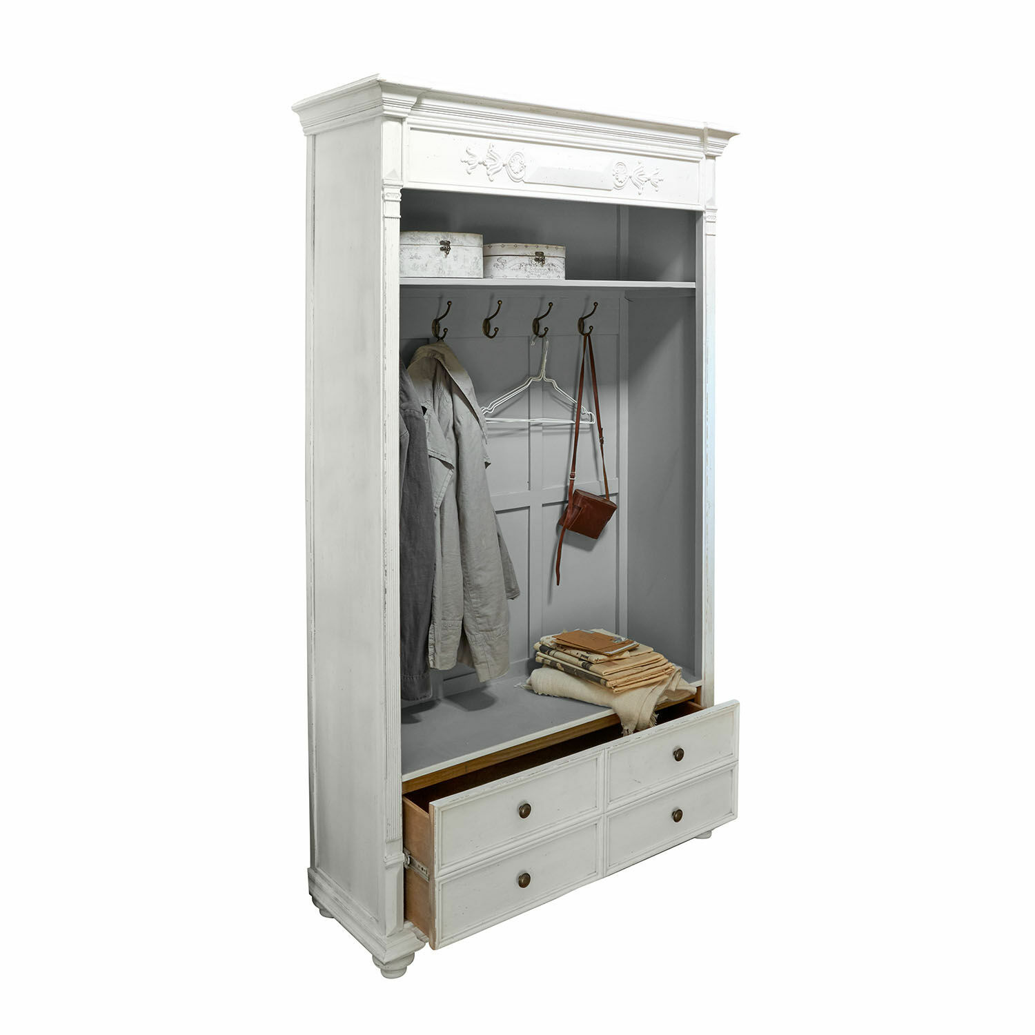 Garderobe Étourville Weisser Holz-Garderobenschrank mit Haken und Schubladen zur Aufbewahrung von Kleidung und Accessoires