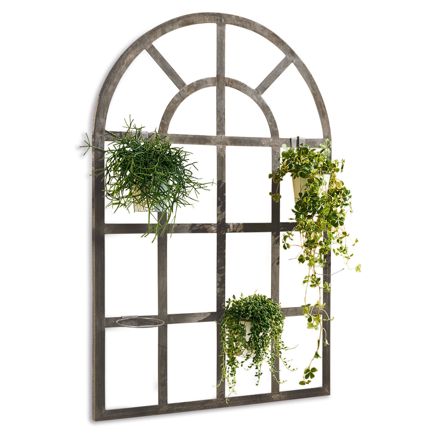 Pflanzregal Villandor Graue Metall-Wanddekoration in Fensterform mit Pflanzhaltern, ideal für Garten und Innenräume