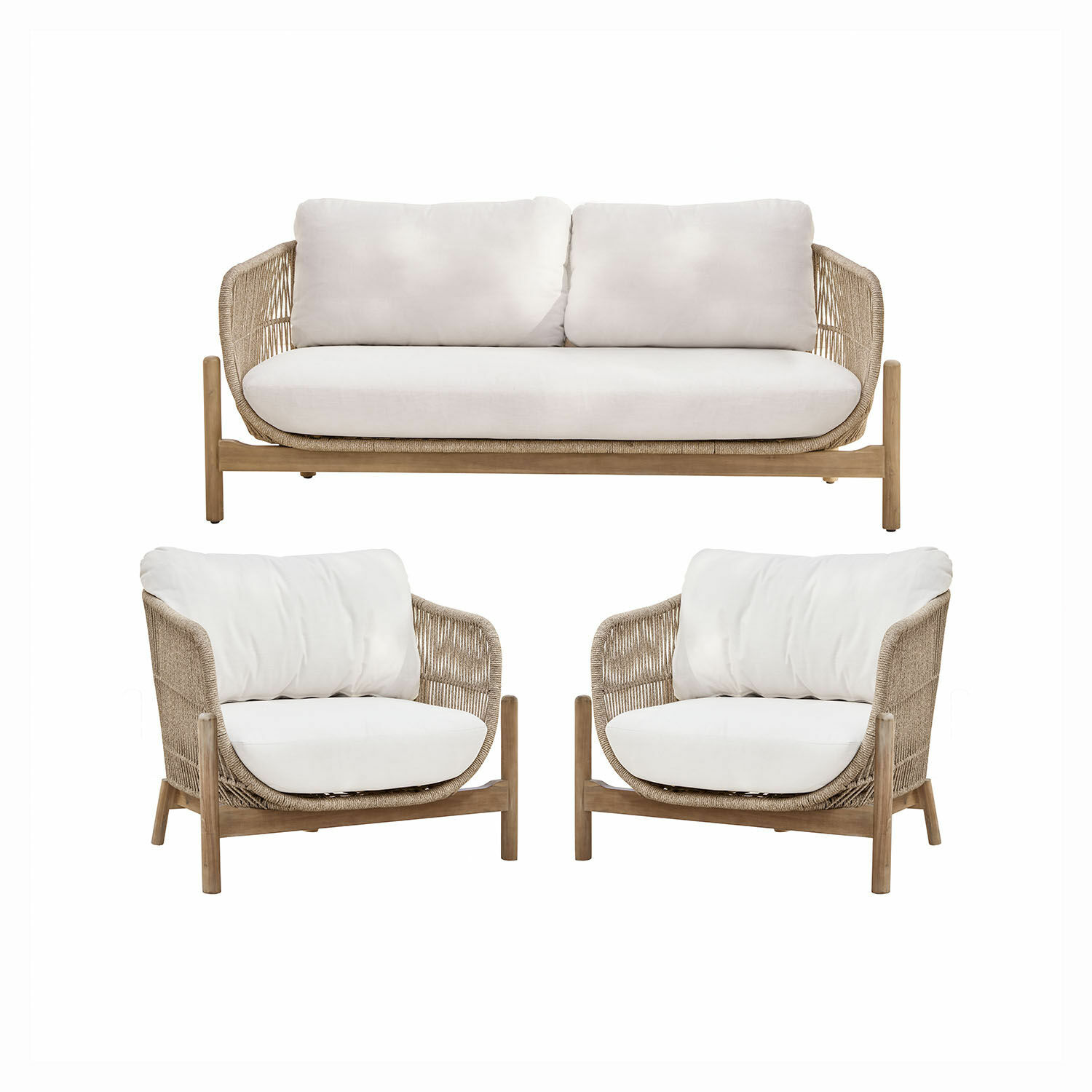 Sitzgruppe FSC®-100% Belvidere Sitzgruppe aus beigem Rattan mit hellbeigen Polstern und natürlichem Holzgestell