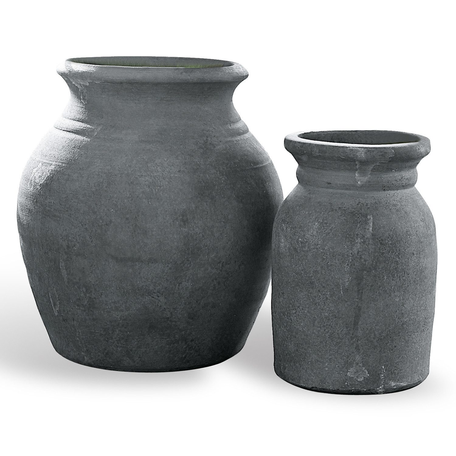 Vase 2er Set Molduc Set aus zwei grauen Keramikvasen mit rustikalem Design für Wohn- und Gartendekoration.