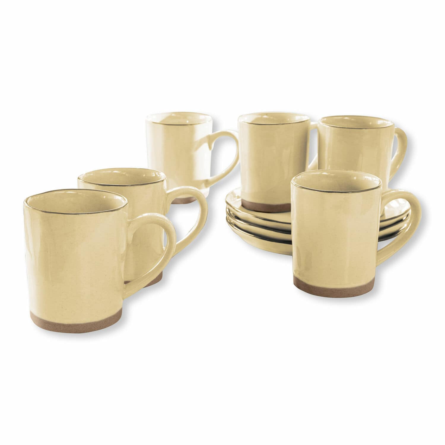 Set aus sechs cremefarbenen Keramiktassen mit braunem Boden für Kaffee oder Tee