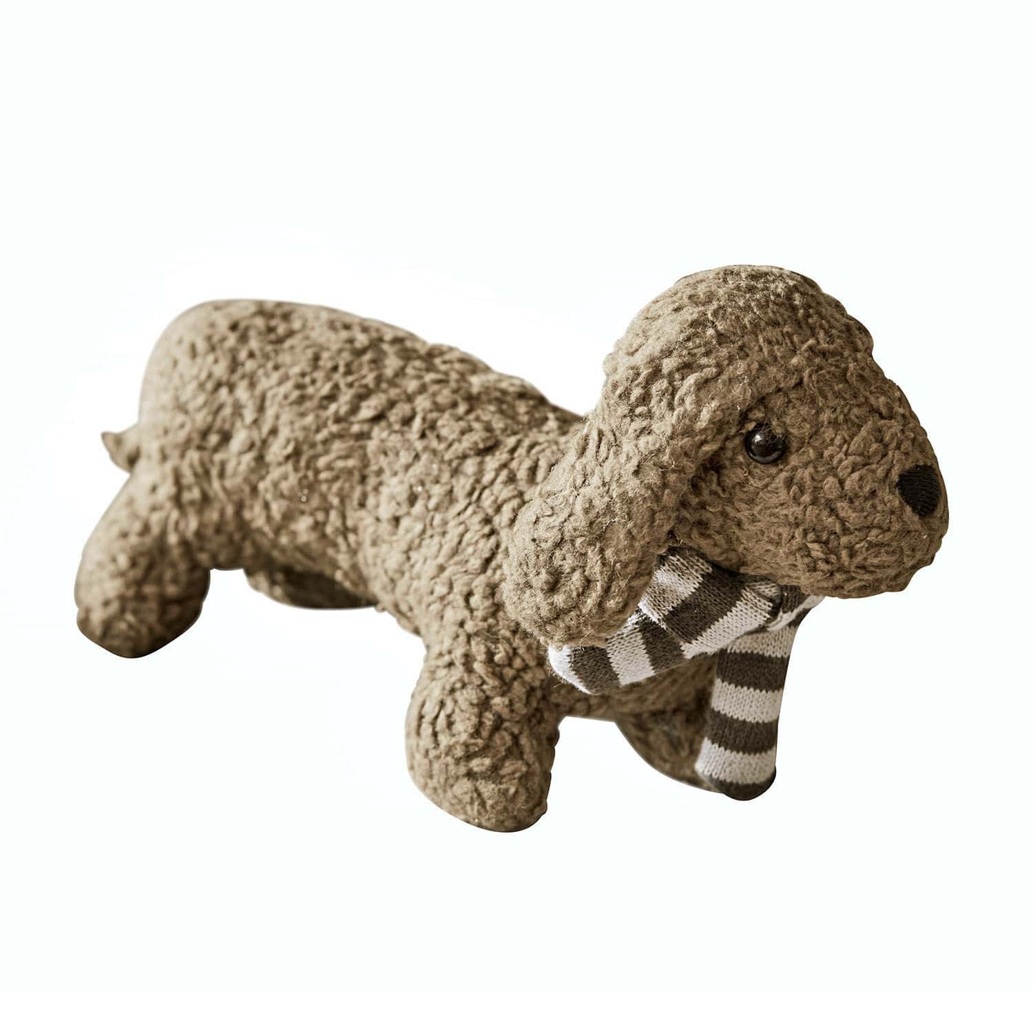 Rassel-Stofftier Frolicks Brauner Plüschhund aus weichem Material mit grau-weiss gestreiftem Schal, Wohnaccessoire