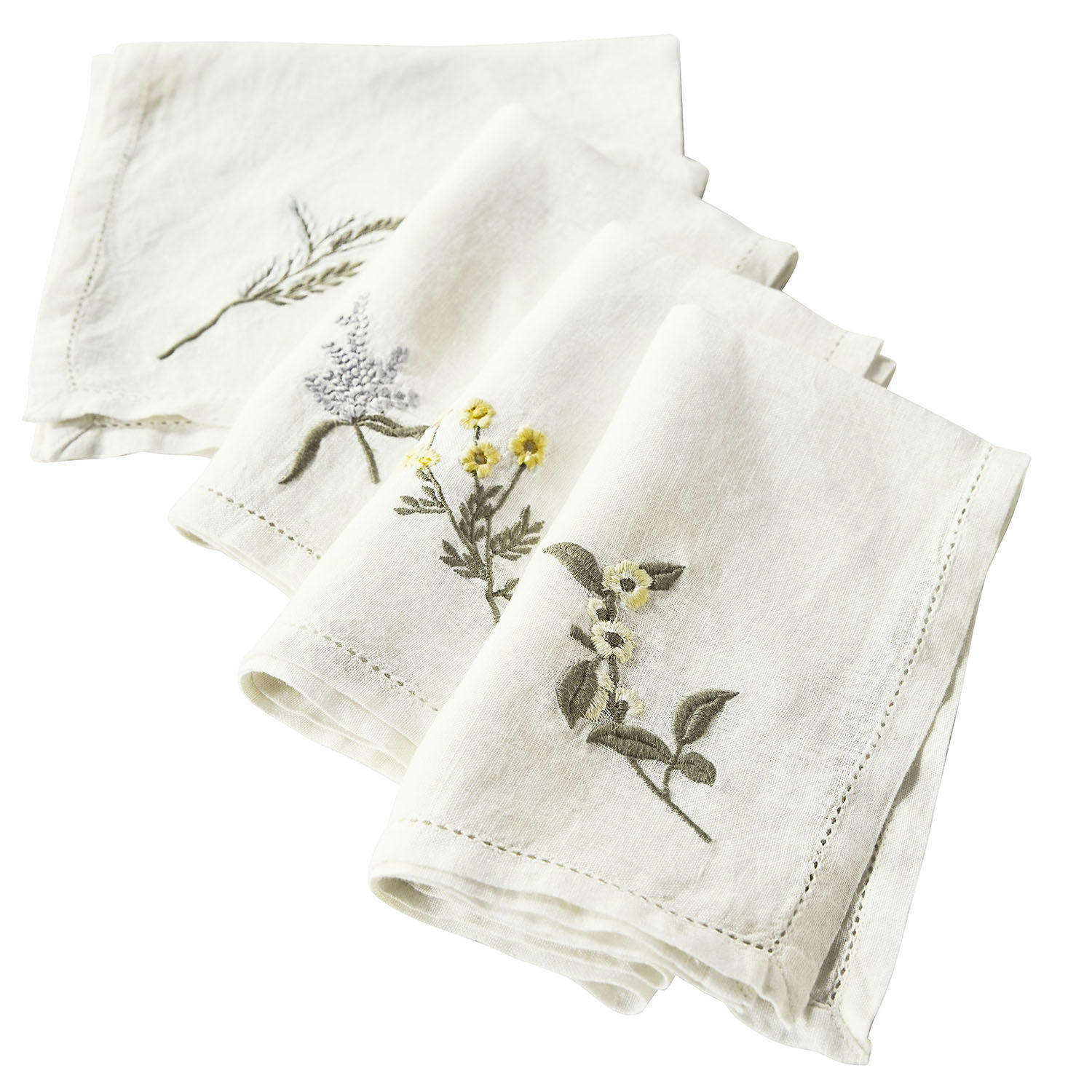 Serviette 4er Set Lentilly Set aus weissen Leinenservietten mit natürlichen Blumenstickereien, elegante Tischdekoration