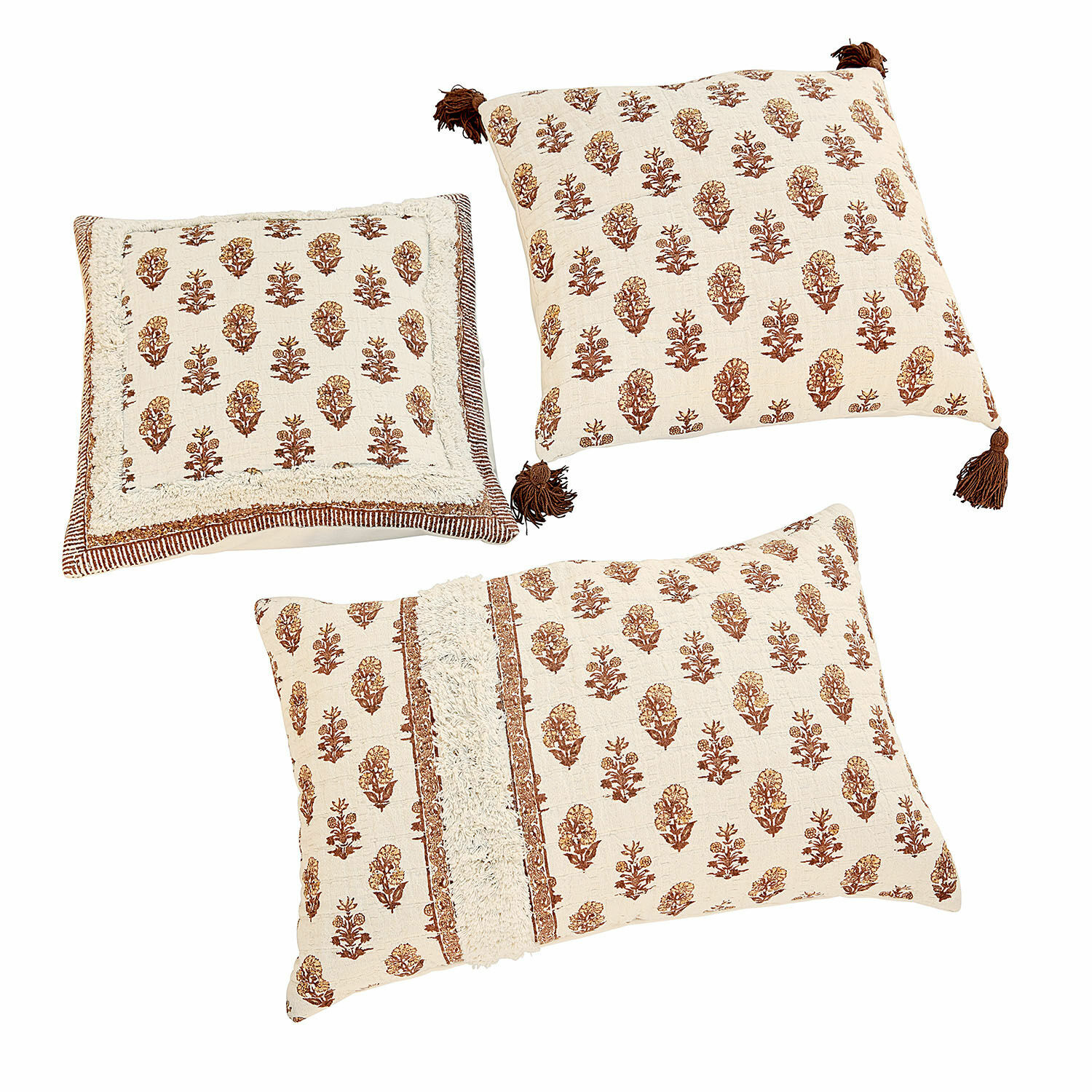 Kissenhülle 3er Set Arsalan Set aus drei dekorativen Baumwollkissen in Creme mit braunem Blumenmuster für das Wohnzimmer