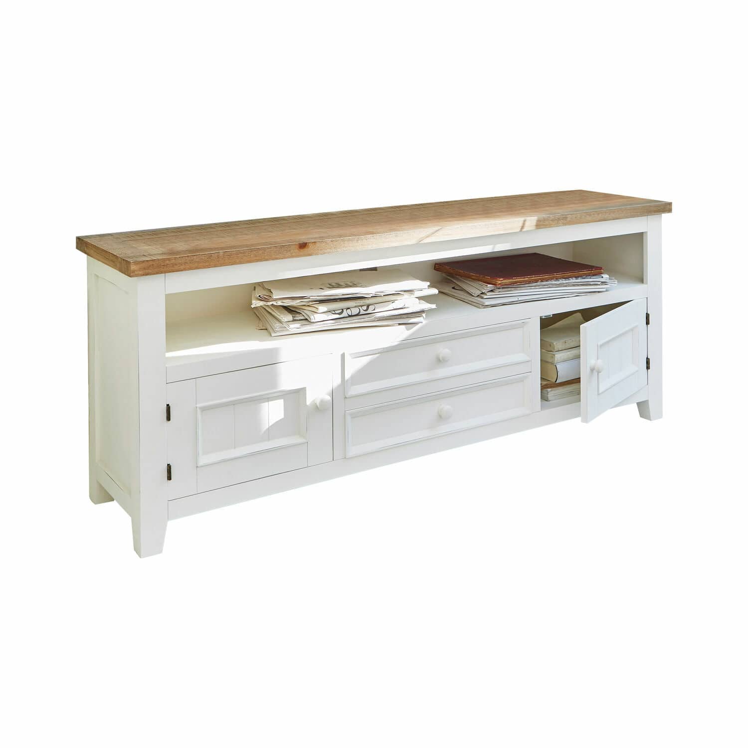 Sideboard Yukon Weisse Holzkommode mit Ablagefächern und Schubladen, Naturholzplatte, praktisches Aufbewahrungsmöbel