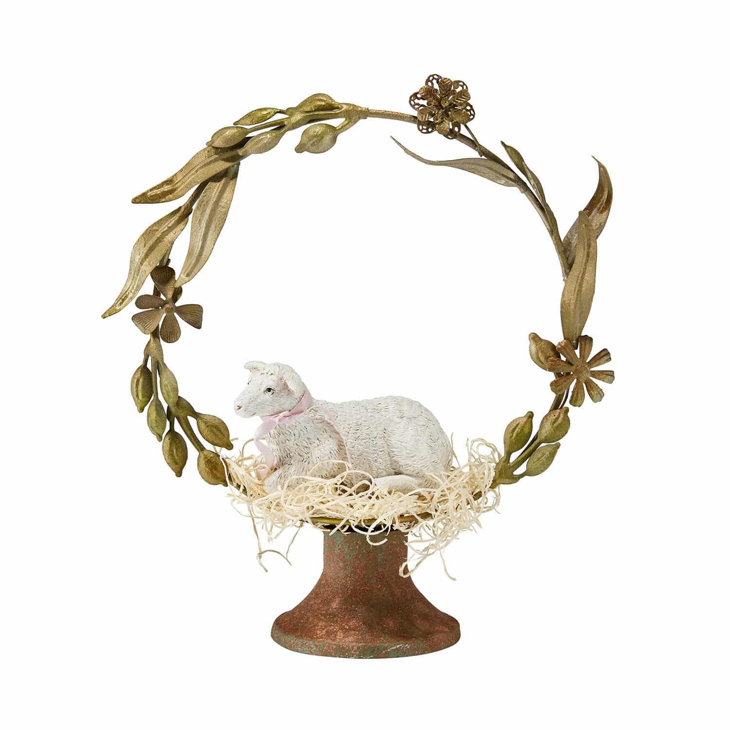 Deko-Objekt Jorilev Dekorative Schaf-Figur auf Metallfuss mit grünen Blättern und Blumen, Frühlingsdekoration