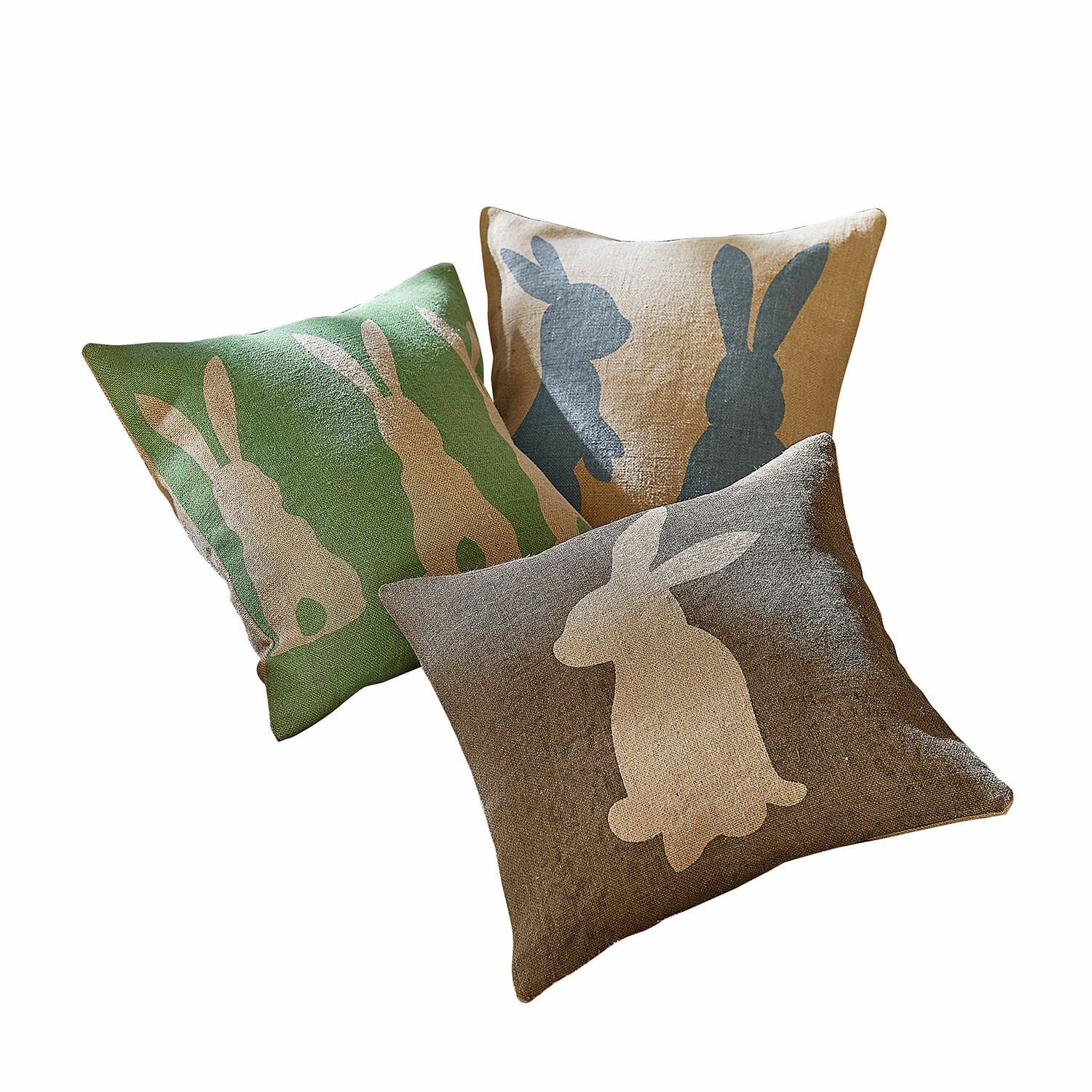 Kissenhülle 3er Set Namirah Drei Leinenkissen mit Hasenmotiv in Grün, Beige und Braun für eine gemütliche Wohnraumgestaltung