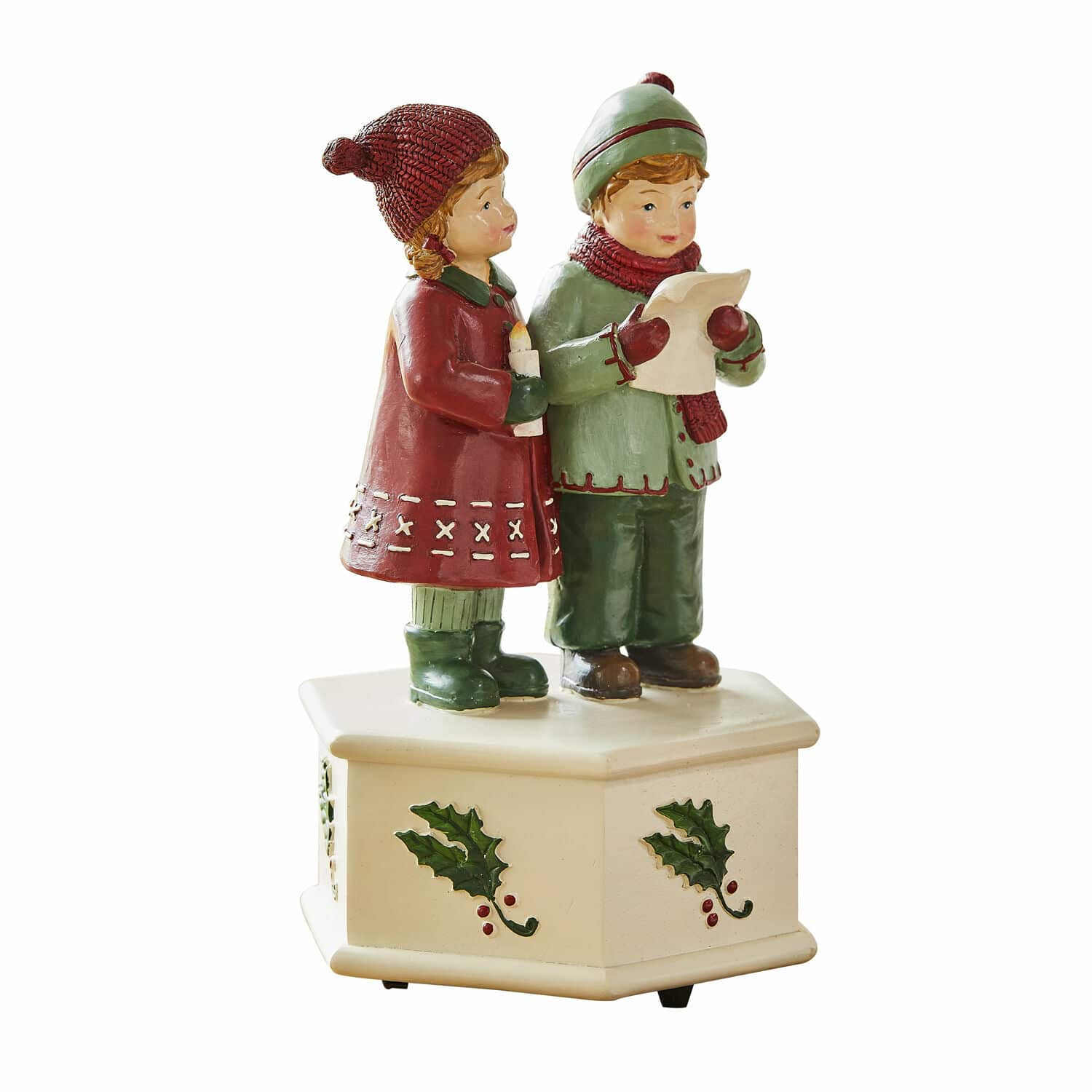 Spieluhr Kalilah Figur mit singenden Kindern auf cremefarbener Basis mit Stechpalmenmotiv, Weihnachtsdekoration