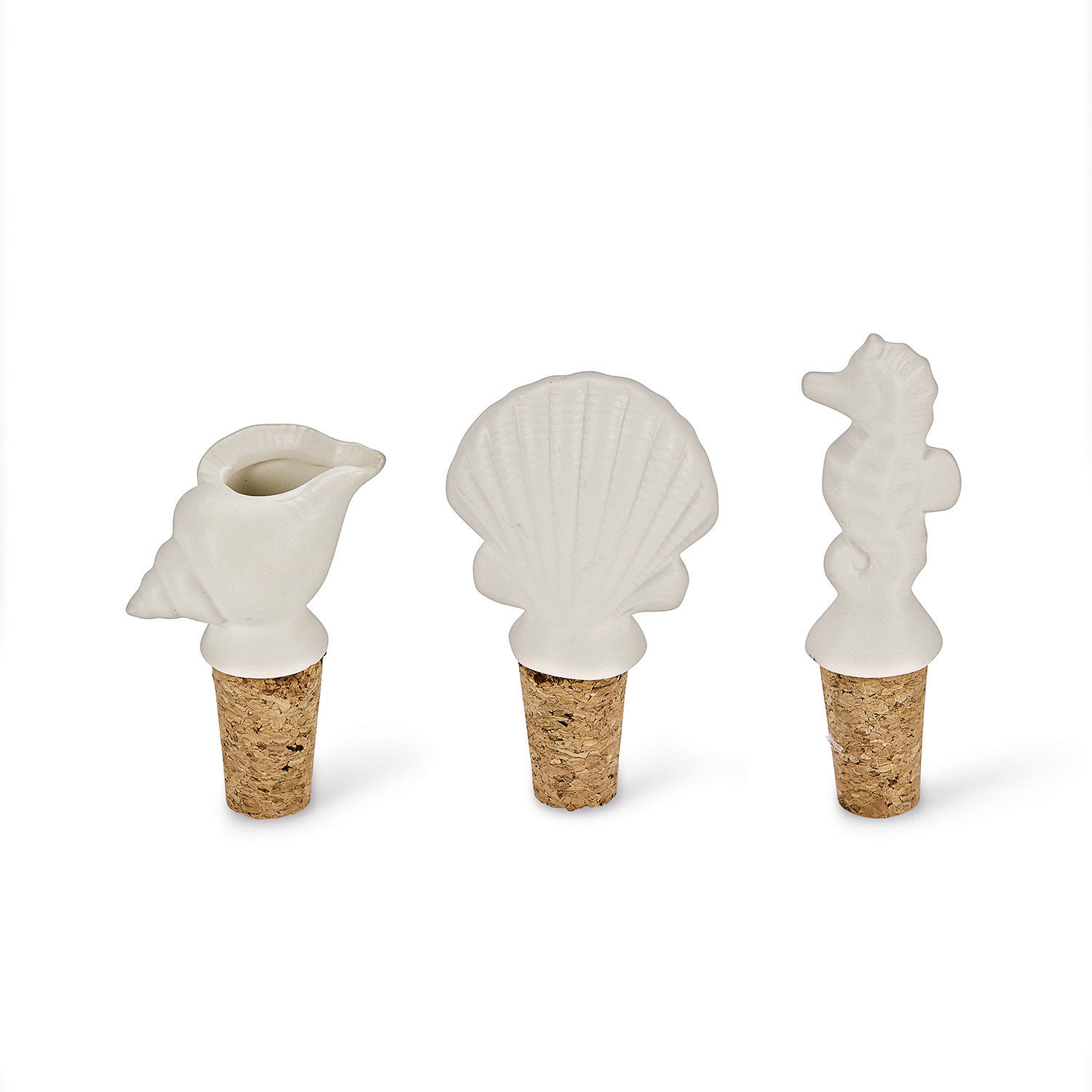 Flaschenverschluss 3er Set Frisennier Set aus weissen Keramik-Flaschenkorken in Form von Muschel, Seepferdchen und Meeresschnecke