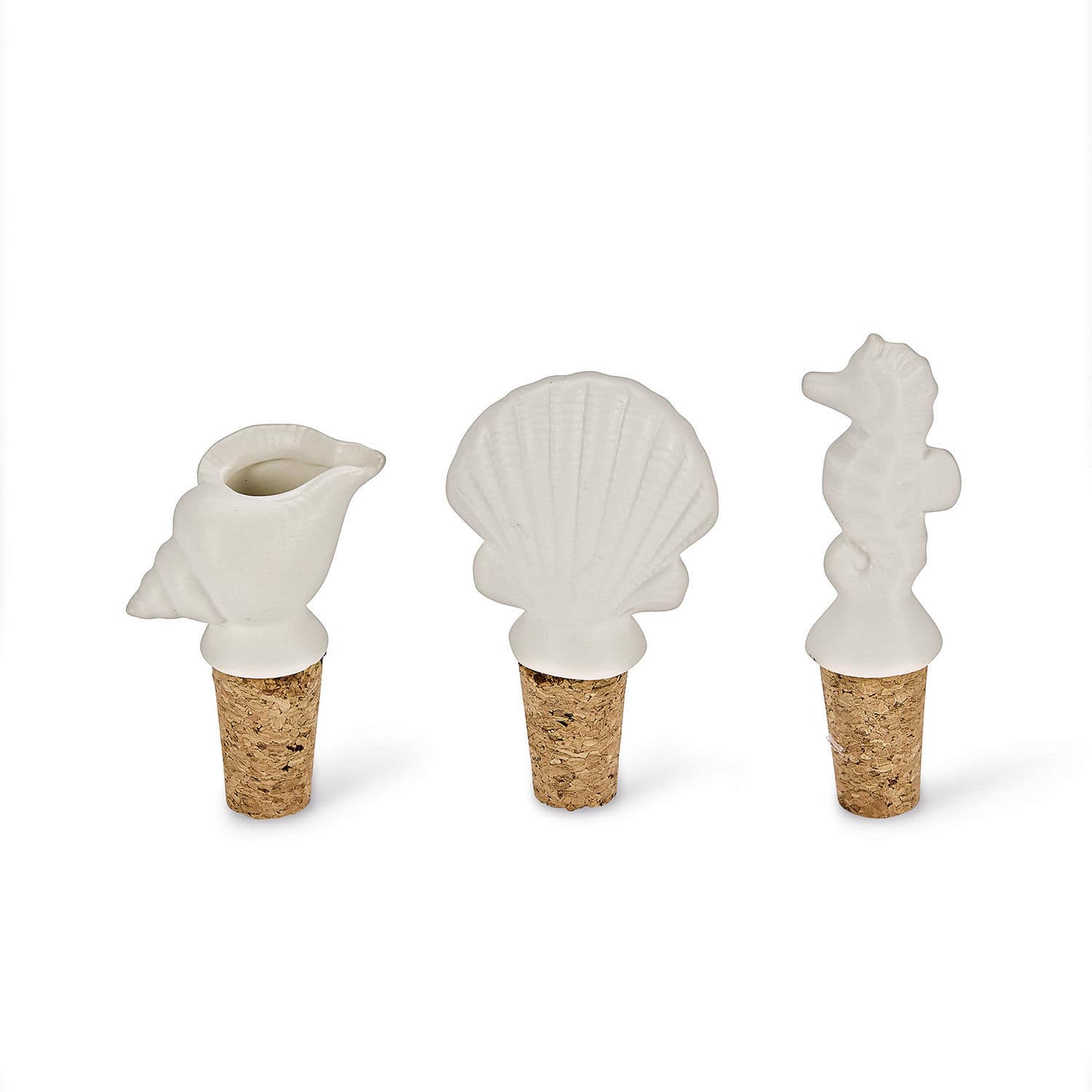 Flaschenverschluss 3er Set Frisennier Set aus weissen Keramik-Flaschenkorken in Form von Muschel, Seepferdchen und Meeresschnecke