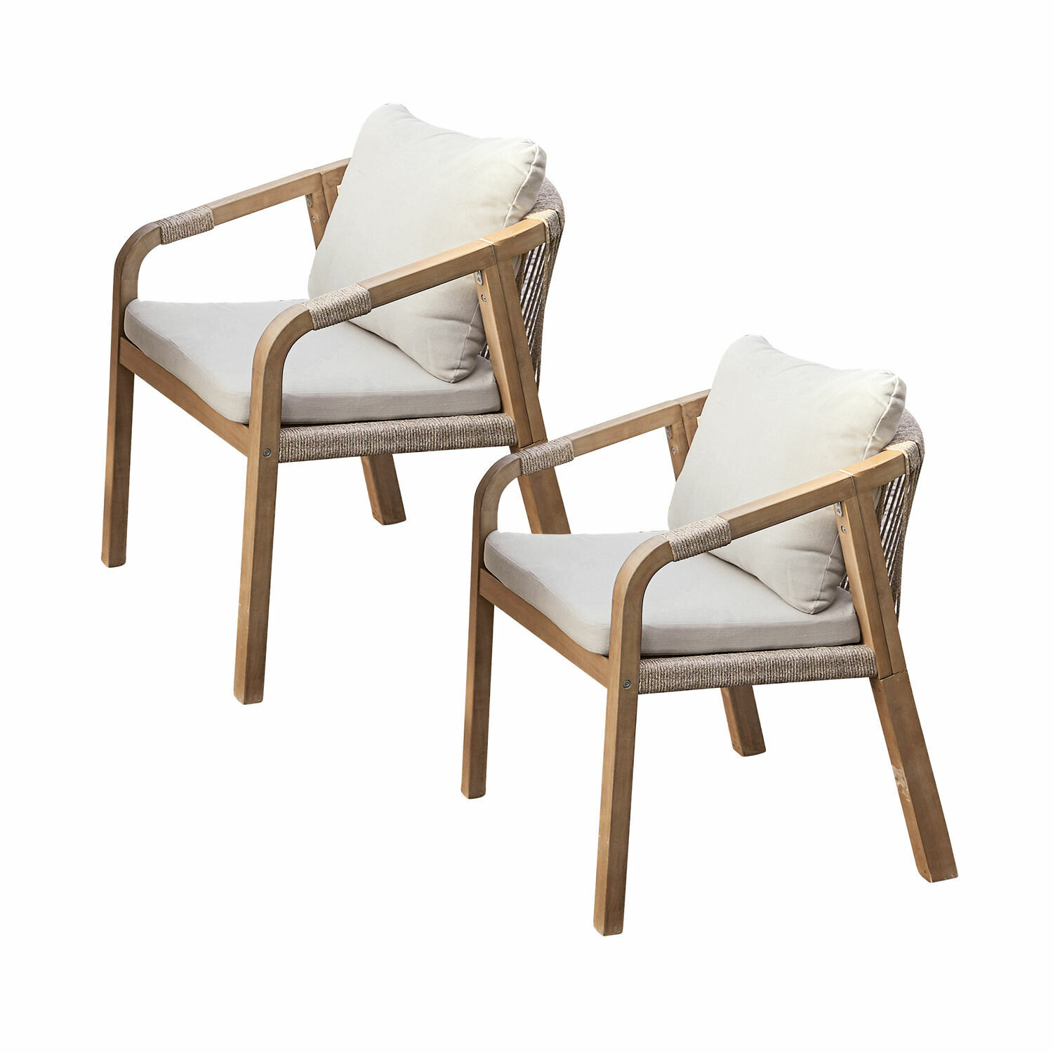 Stuhl 2er Set FSC®-100% Kennedy Set aus zwei Holzstühlen mit hellen Polstern, ideal für Terrasse oder Balkon.