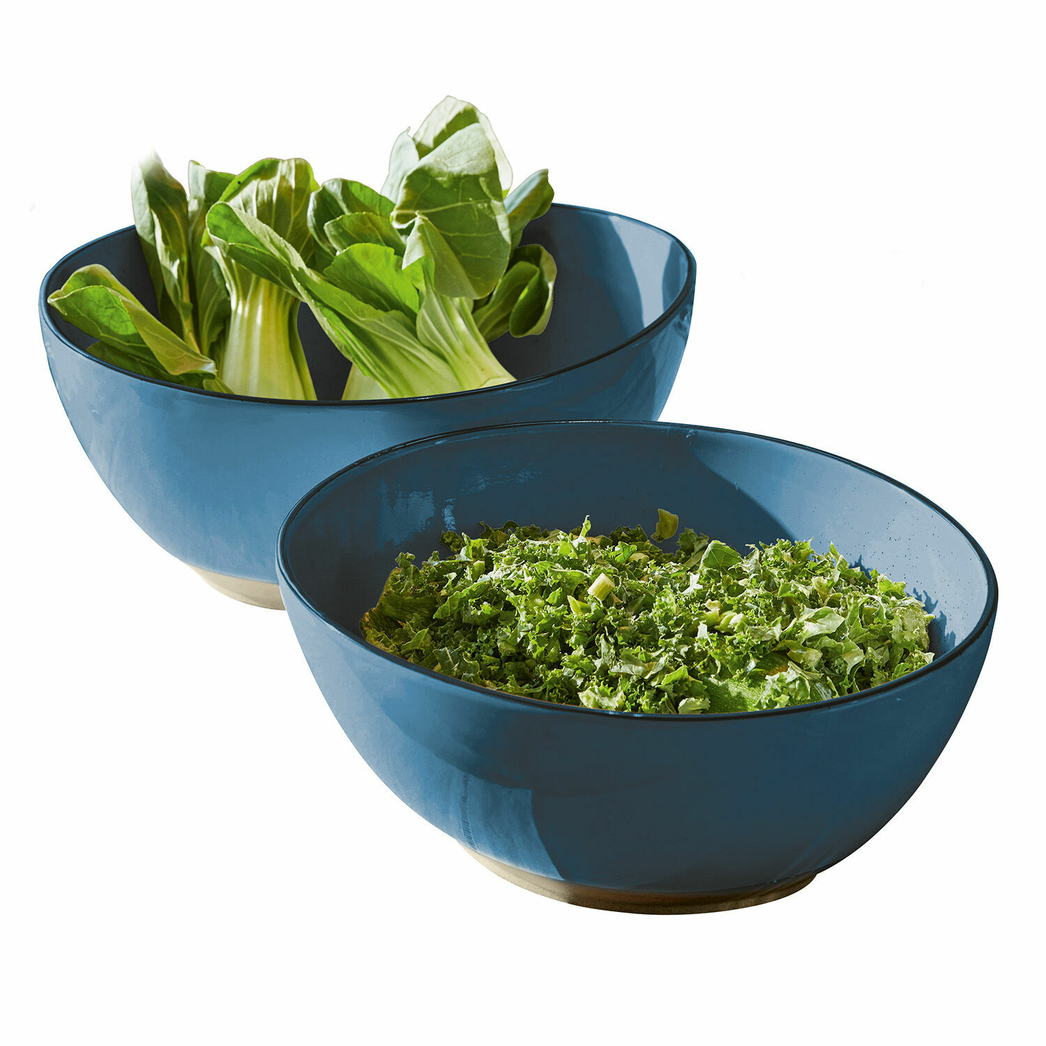 Salatschüssel 2er Set Biarré Zwei blaue Keramikschalen mit grünen Salatblättern, ideal für Salate und die Küche