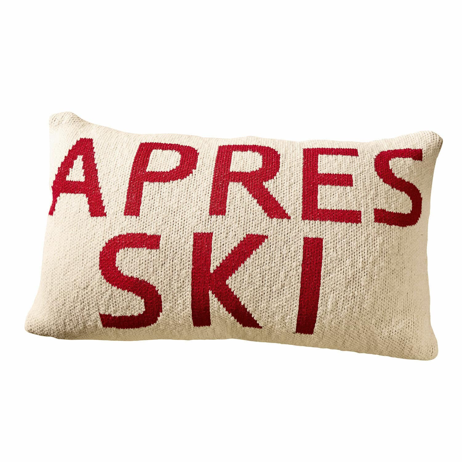 Kissenhülle Apres Ski Rechteckiges, cremefarbenes Strickkissen mit rotem Apres-Ski-Schriftzug als Wohnaccessoire