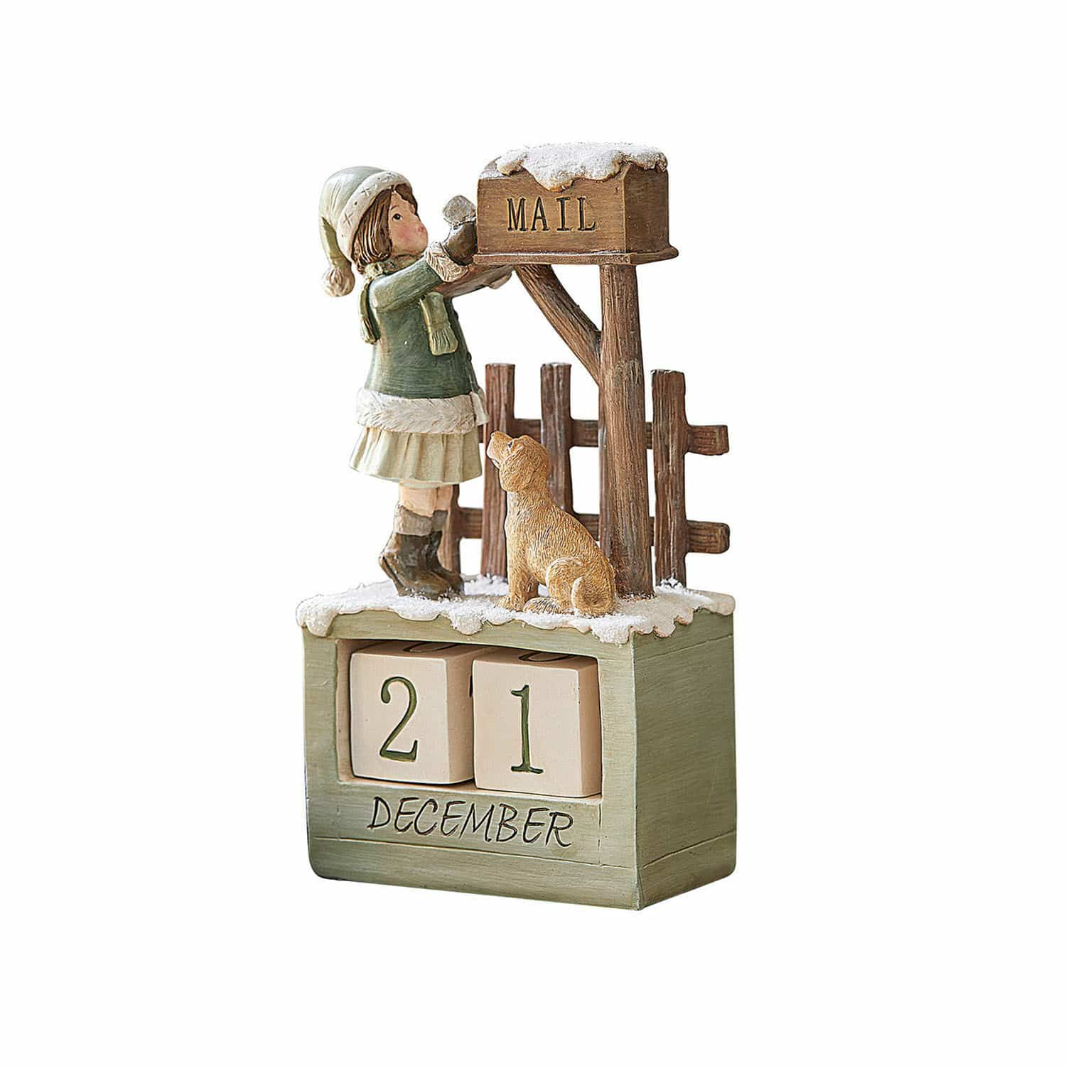 Kalender Leonce Holz-Adventskalender mit Mädchen- und Hundfigur an grün-beigem Schneepostkasten-Dekor