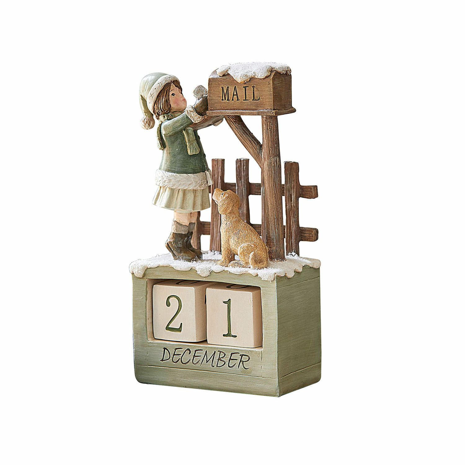 Kalender Leonce Holz-Adventskalender mit Mädchen- und Hundfigur an grün-beigem Schneepostkasten-Dekor