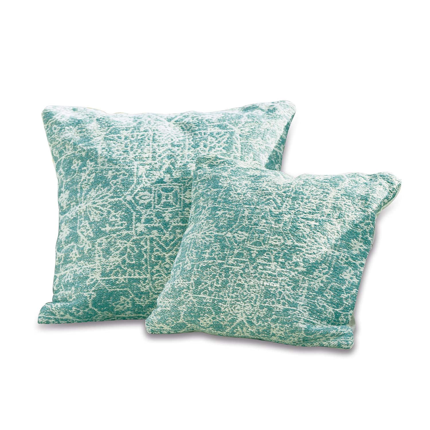 In- & Outdoor-Kissenhülle Bhat Set aus zwei dekorativen Baumwollkissen in Türkis mit Muster, ideal für das Wohnzimmer.