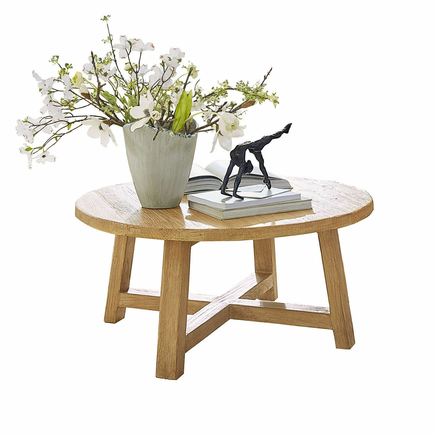 Couchtisch Gorivel Runder Couchtisch aus naturfarbenem Eichenholz mit Blumendekoration und Skulptur auf Büchern