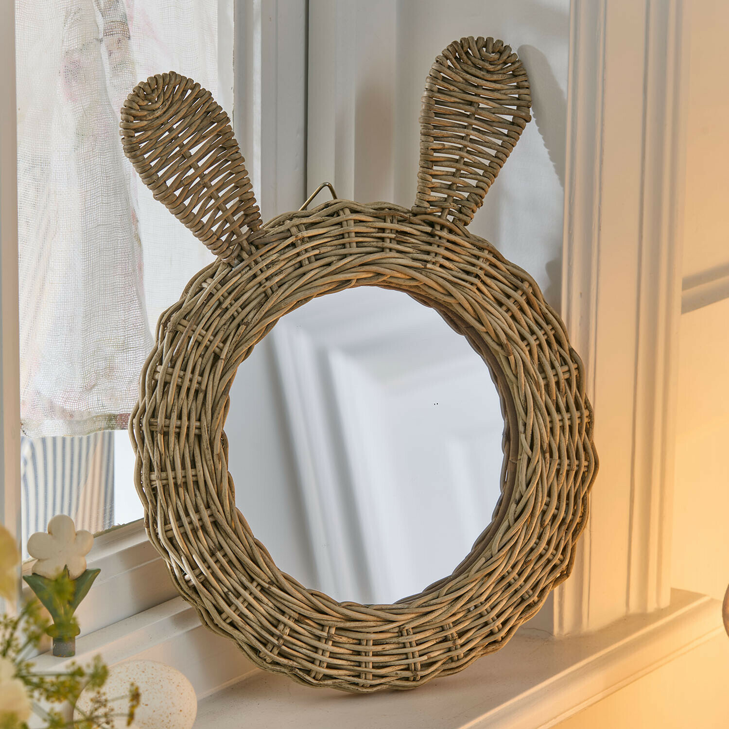 Spiegel Papillonette Runder Spiegel aus natürlichem Rattan mit Ohren, Wanddekoration fürs Kinderzimmer