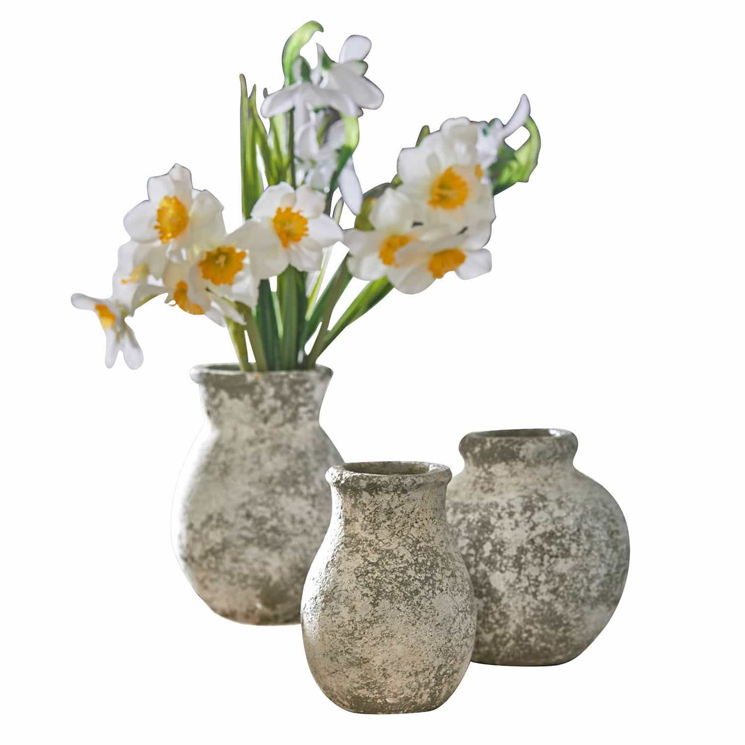 Vase 3er Set Cerquix Set aus drei grauen Keramikvasen mit weissen Blumen zur Wohnraumdekoration