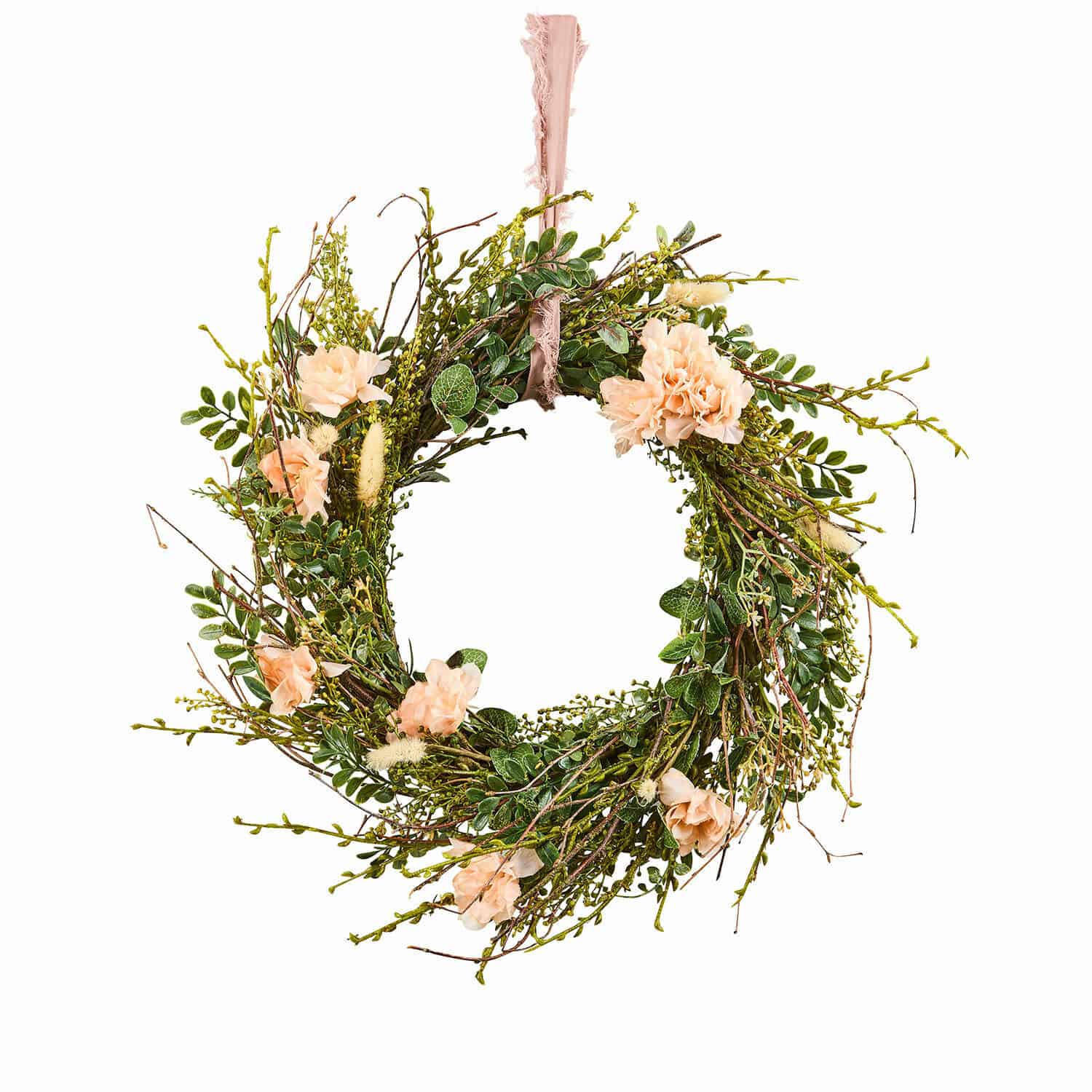 Kranz Chérisse Dekorativer Kranz aus grünen Zweigen und hellrosa Blumen an rosa Band zum Aufhängen
