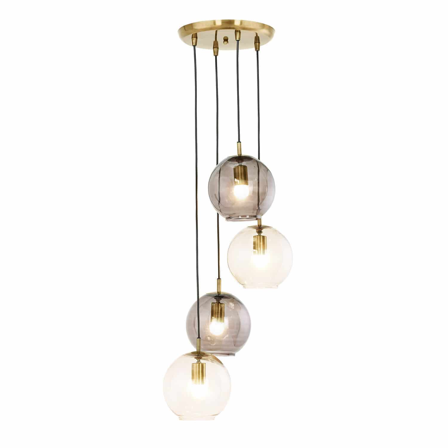 Hängelampe Brontille Moderne Pendelleuchte mit vier Glaskugeln in Rauchgrau und Klar, stilvolle Beleuchtung für Wohnräume