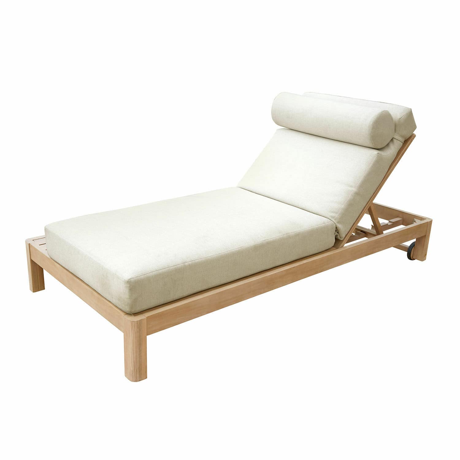 Lounger FSC®-100% Lemorette Liegestuhl mit hellbeigem Polster und Holzrahmen, bequeme Gartenmöbel zum Entspannen im Freien.