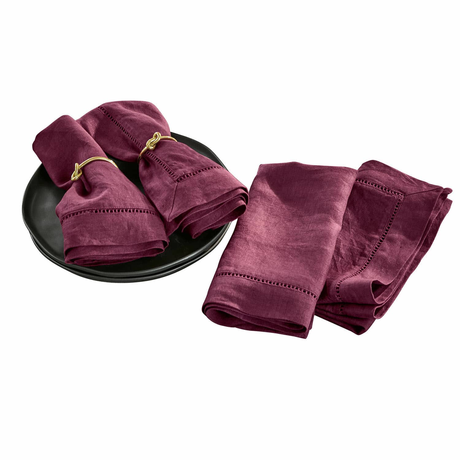Serviette 4er Set Covent Garden Set aus bordeauxfarbenen Leinenservietten mit dekorativer Naht und goldenen Serviettenringen