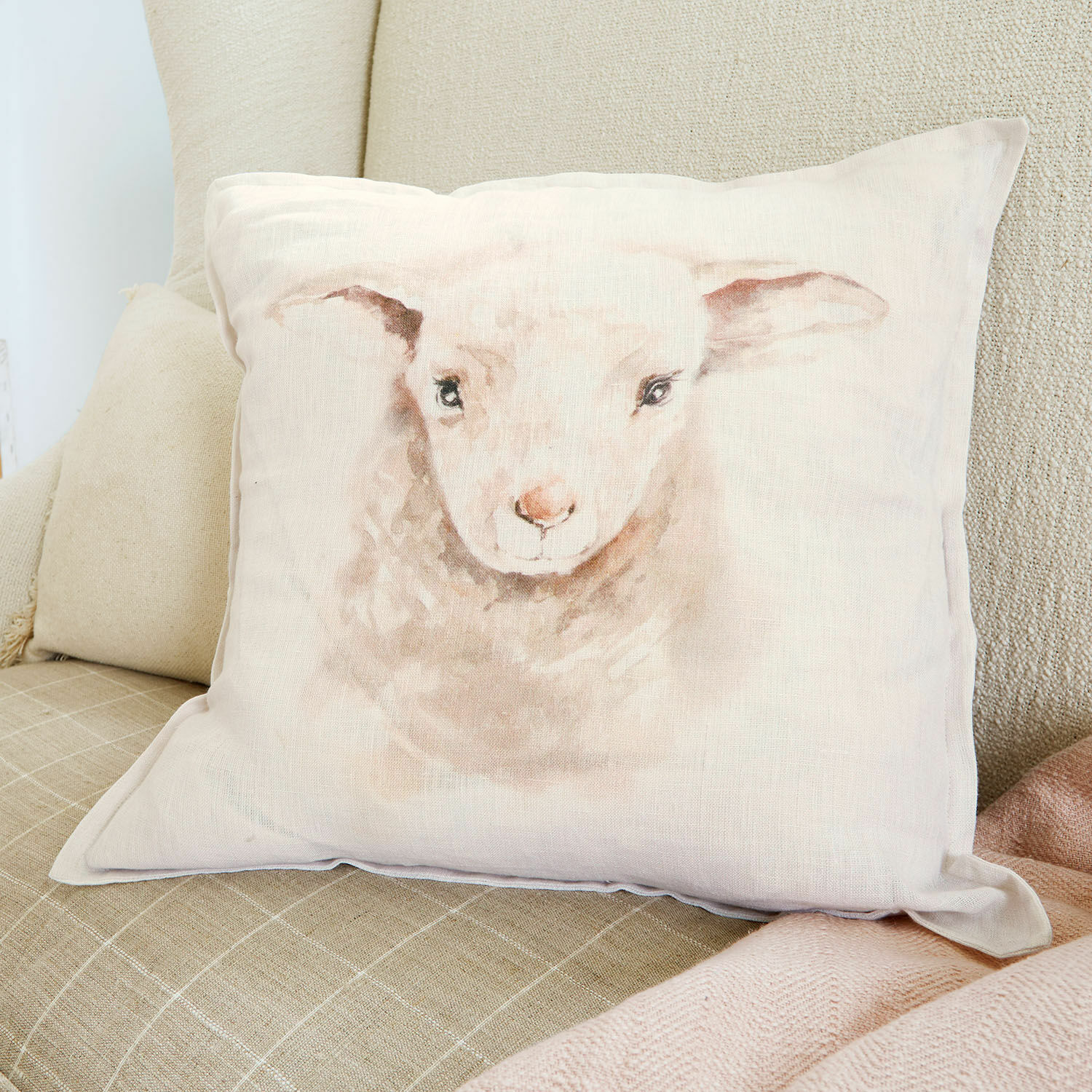 Kissenhülle Xénandrine Beige Leinenkissen mit Lammgesicht-Druck, weiche natürliche Dekoration fürs Wohnzimmer