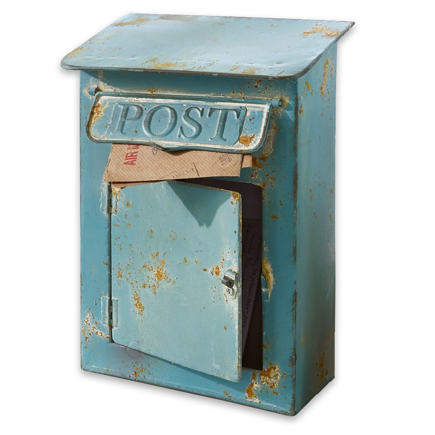 Deko-Briefkasten Boîte Postale Blauer Metallbriefkasten mit Roststellen und offener Tür, gefüllt mit Post