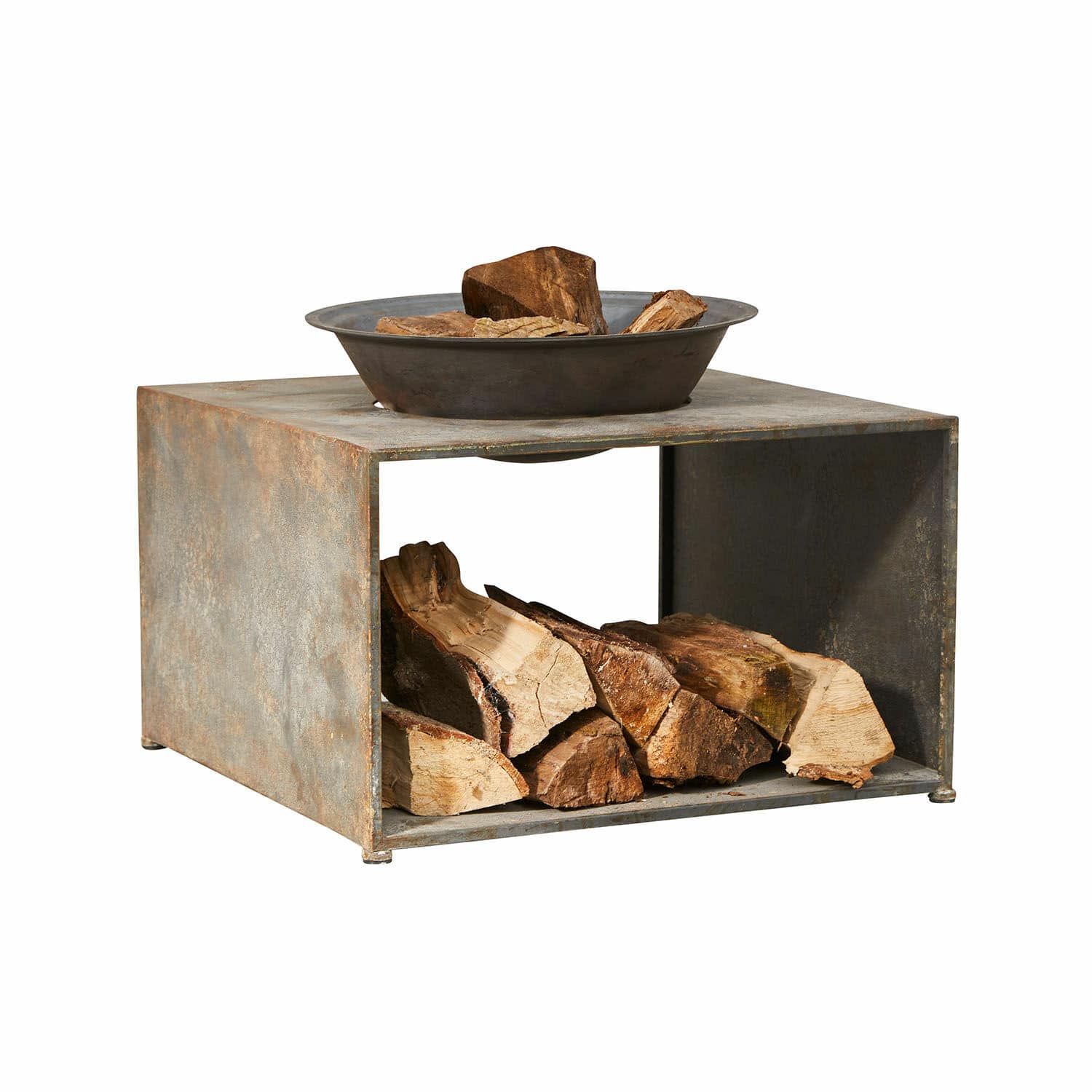 Feuerschale Rivolet Quadratische Metall-Feuerstelle mit Holzlager und rostiger Feuerschale für Garten und Terrasse