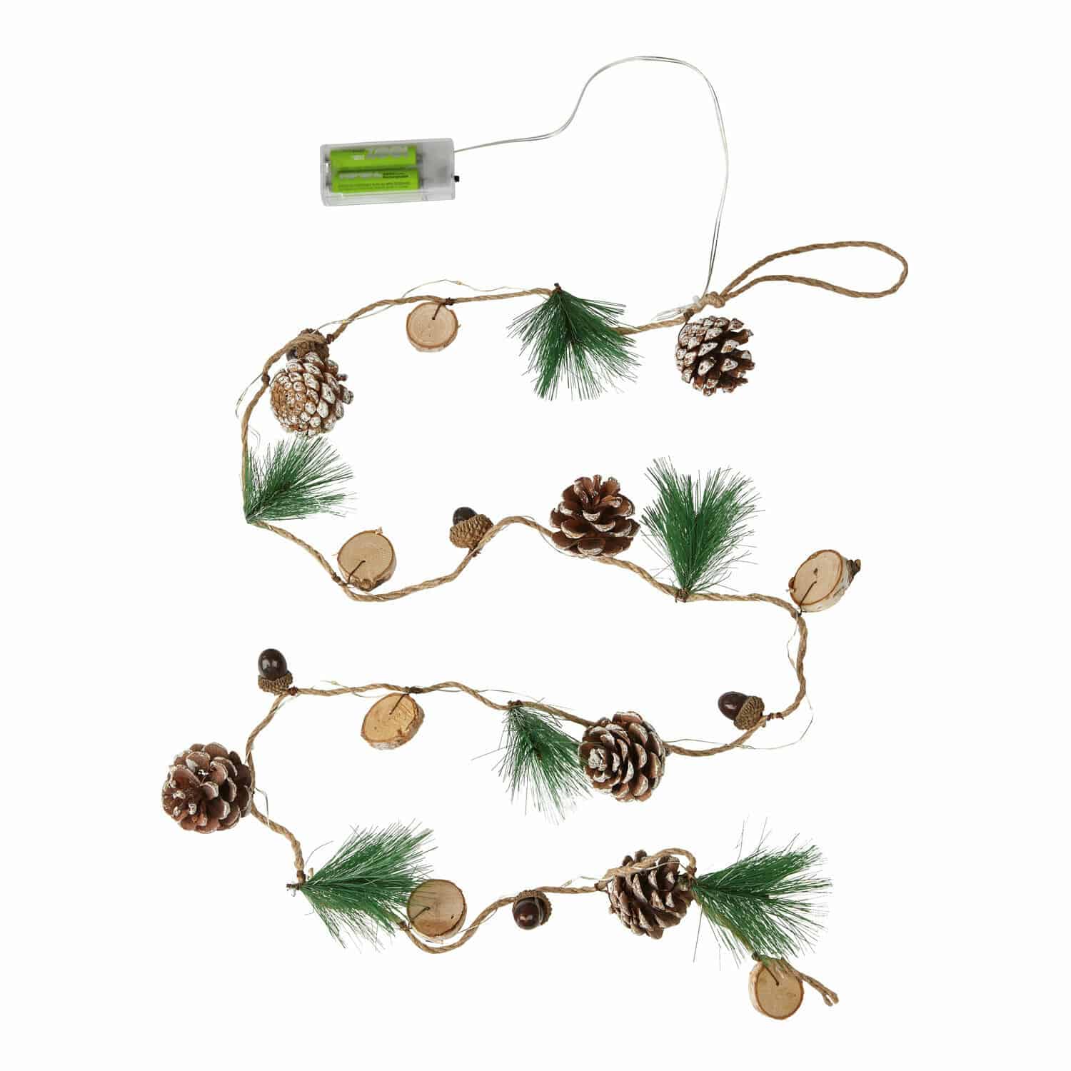 Lichterkette Clay Weihnachtsgirlande mit Tannenzapfen, grünen Zweigen und Holzscheiben an Schnur, batteriebetrieben
