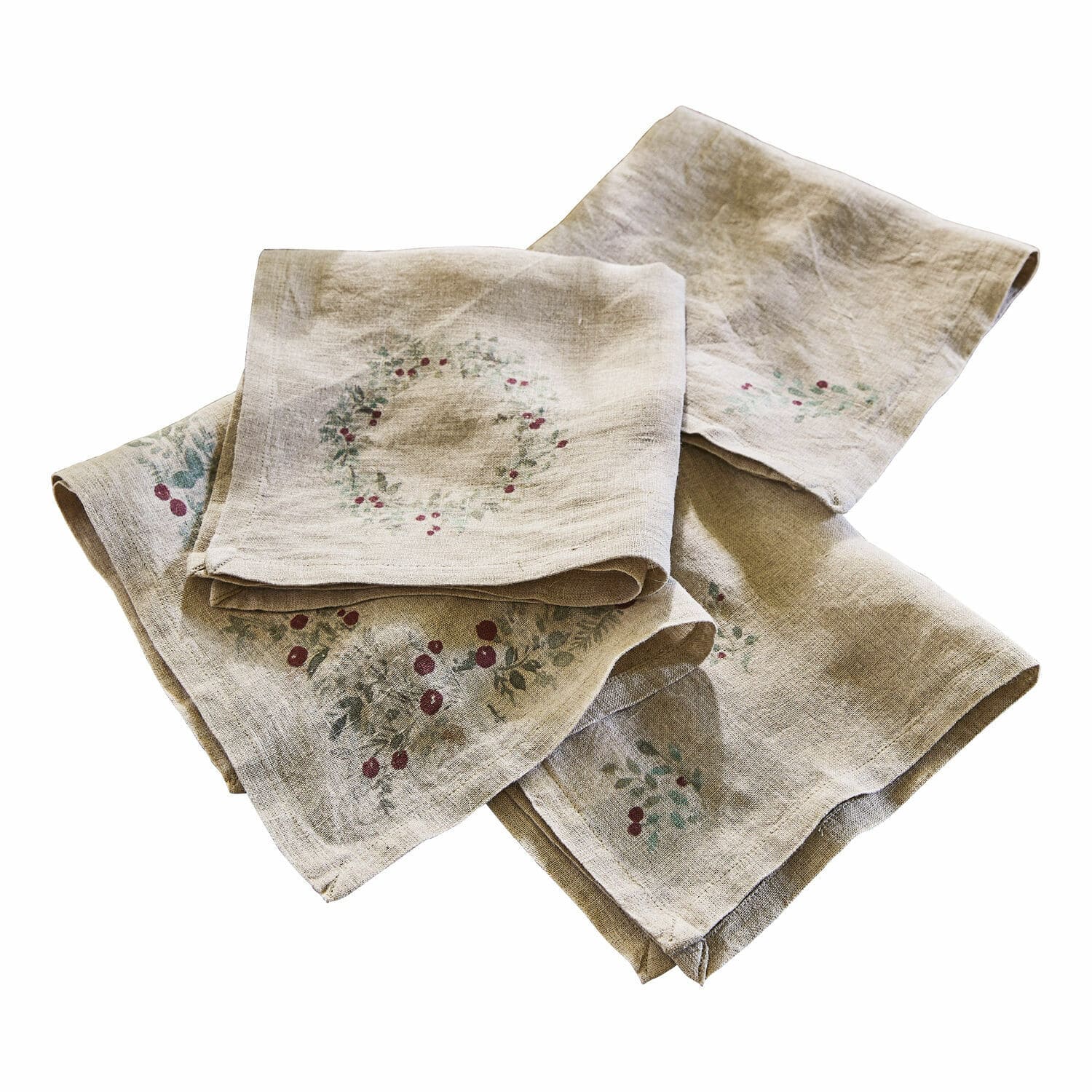 Serviette 4er Set Lenius Beige Leinenservietten mit zartem Muster aus roten Beeren und grünen Blättern, Tischdekoration