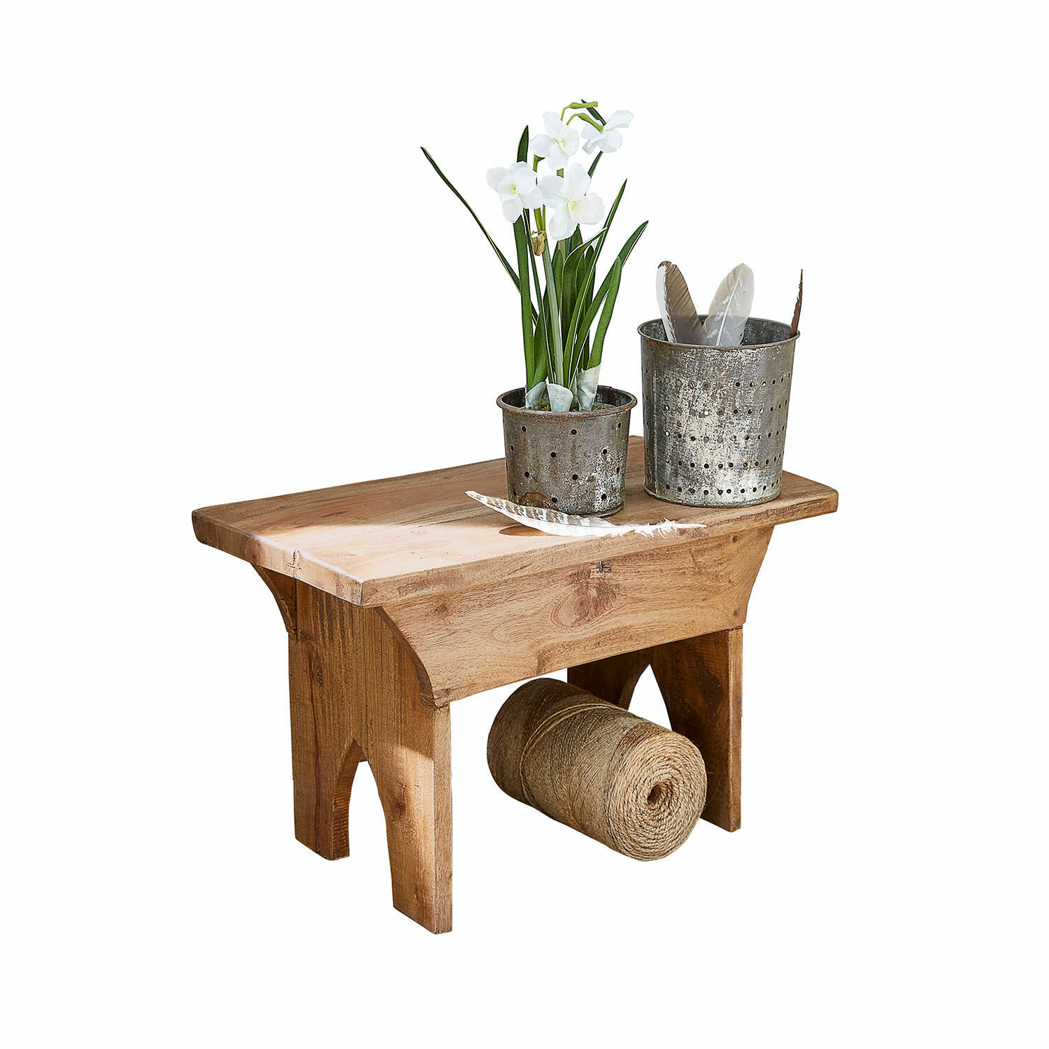 Hocker Hoboken Kleiner Holzschemel mit Metalltöpfen und weissen Blumen, naturfarbener Holzhocker