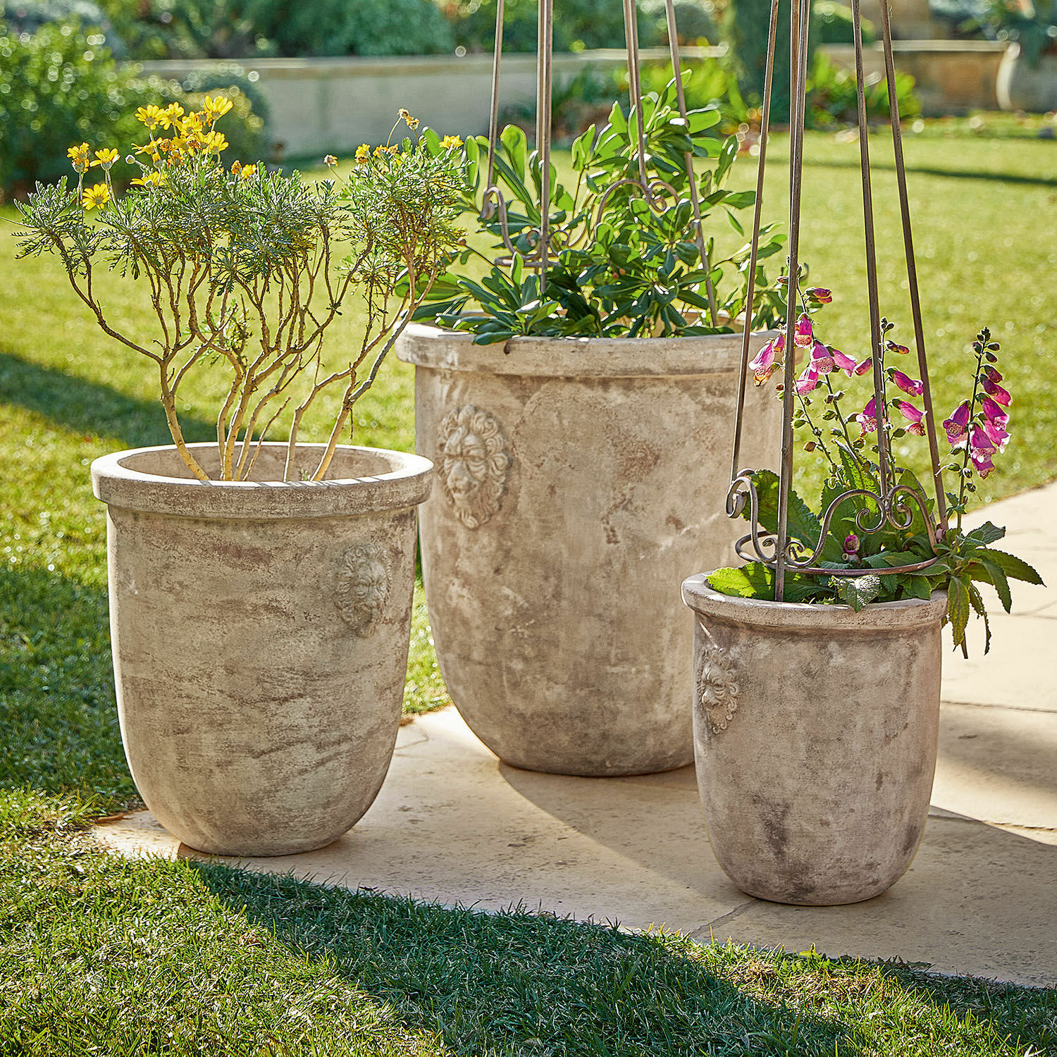 Übertopf 3er Set Autigny Drei grosse graue Betontöpfe mit Pflanzen im sonnigen Garten auf der Terrasse