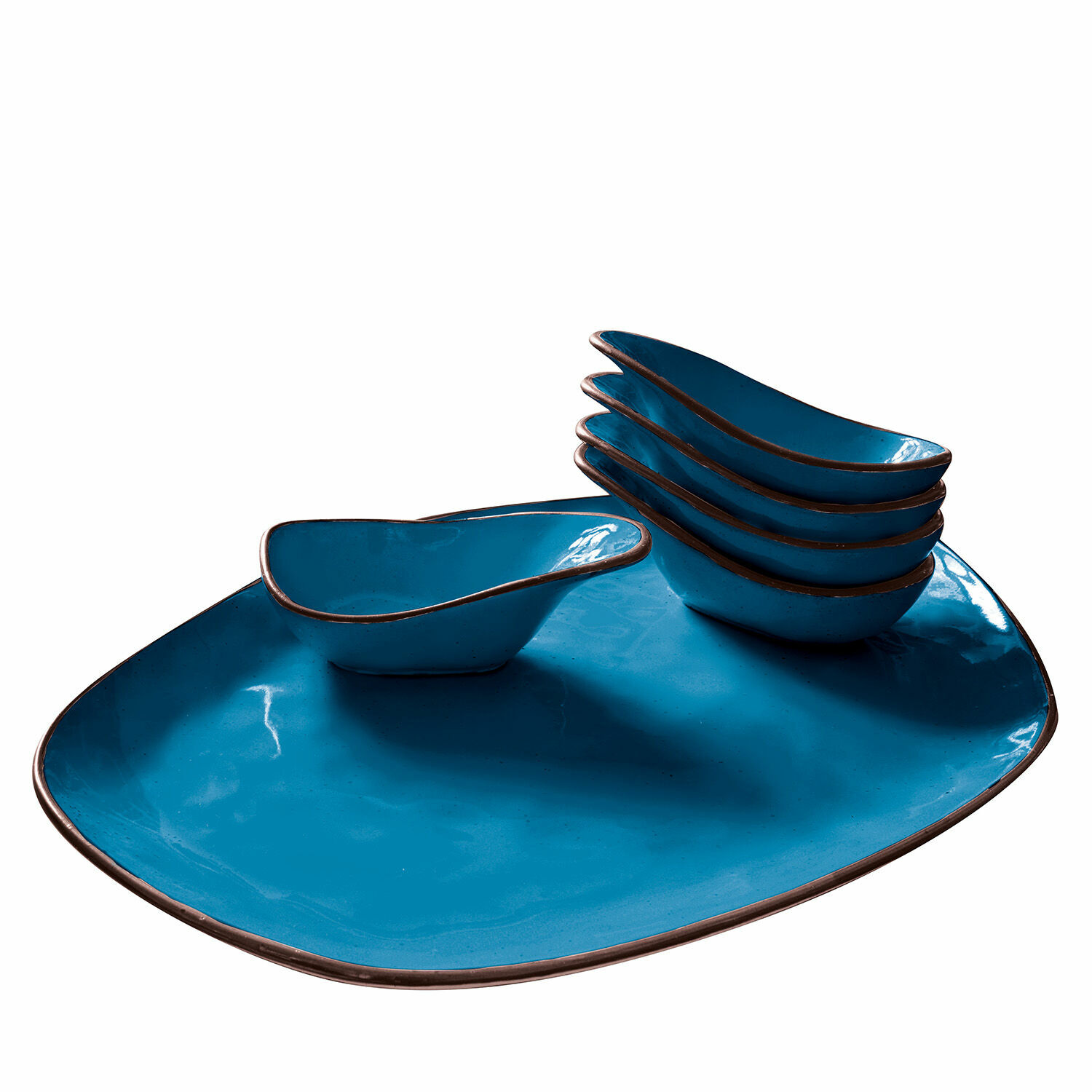 6-teiliges Set blaue Keramikschälchen mit grossem Servierteller und braunem Rand