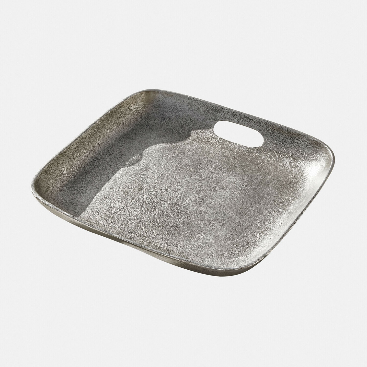 Quadratisches Tablett aus silbernem Metall mit Griff, praktisches Wohnaccessoire