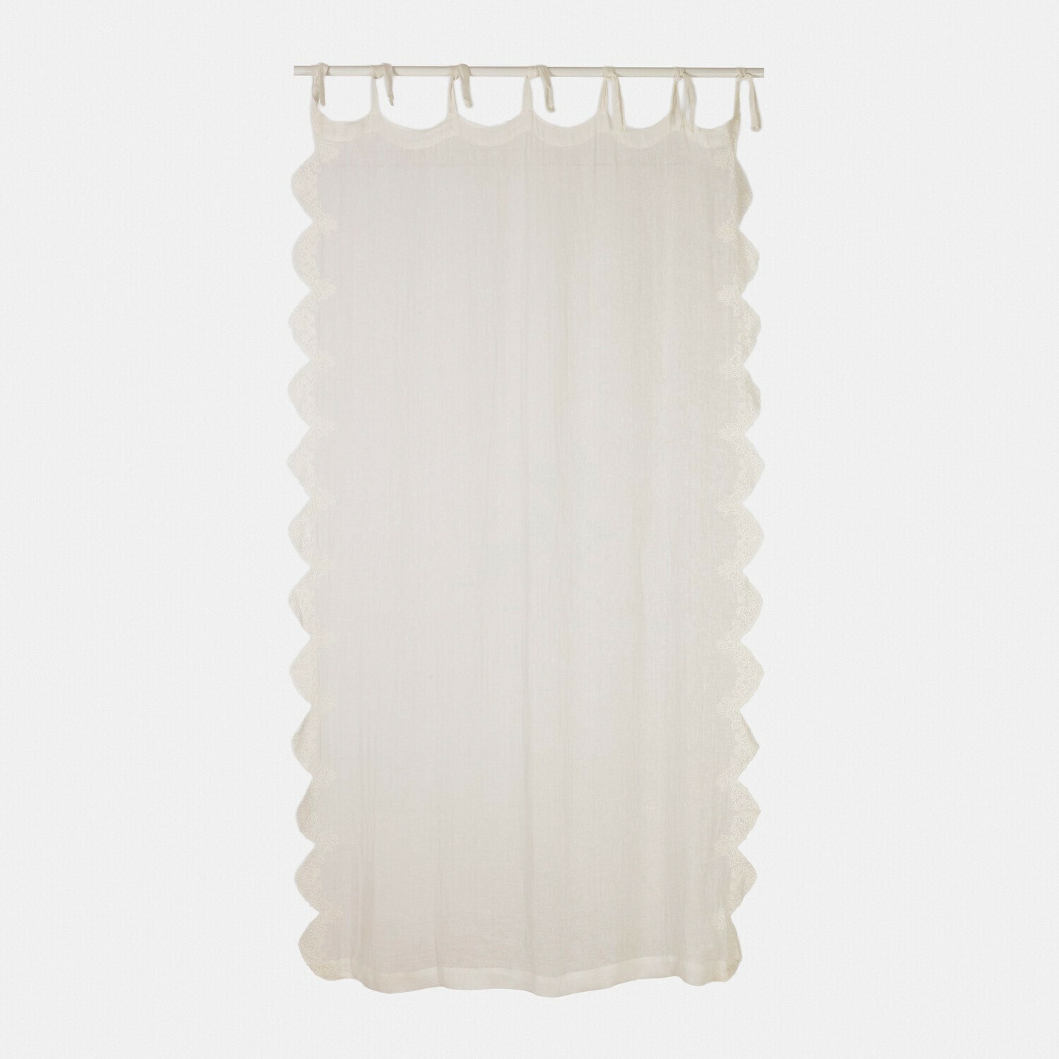 Gardine Dolcin Weisse Baumwollgardine mit wellenförmigem Rand und Bindebändern zum Aufhängen, Fensterdeko
