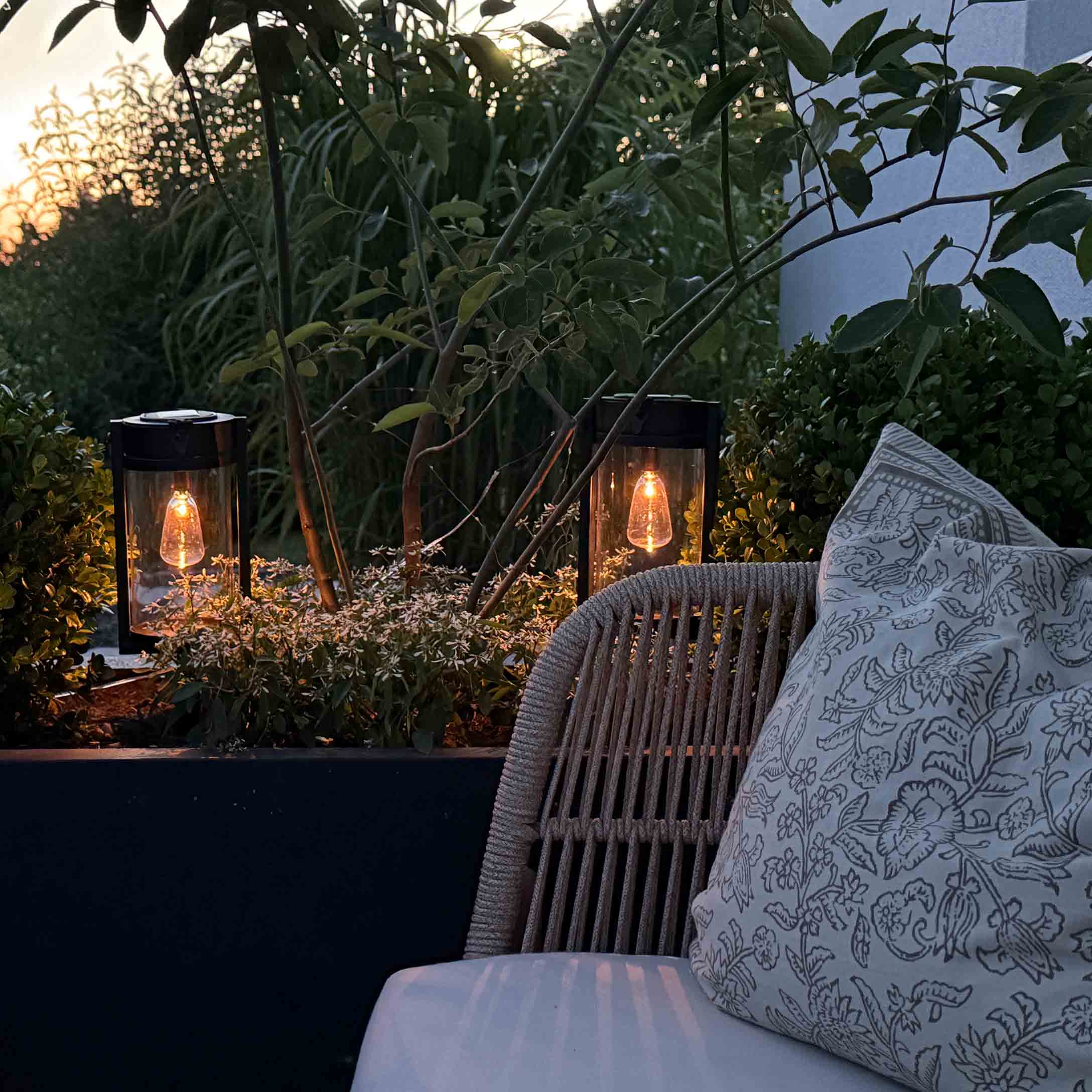 Gartenlaternen aus schwarzem Metall mit warmem Licht zwischen grünen Pflanzen auf der Terrasse