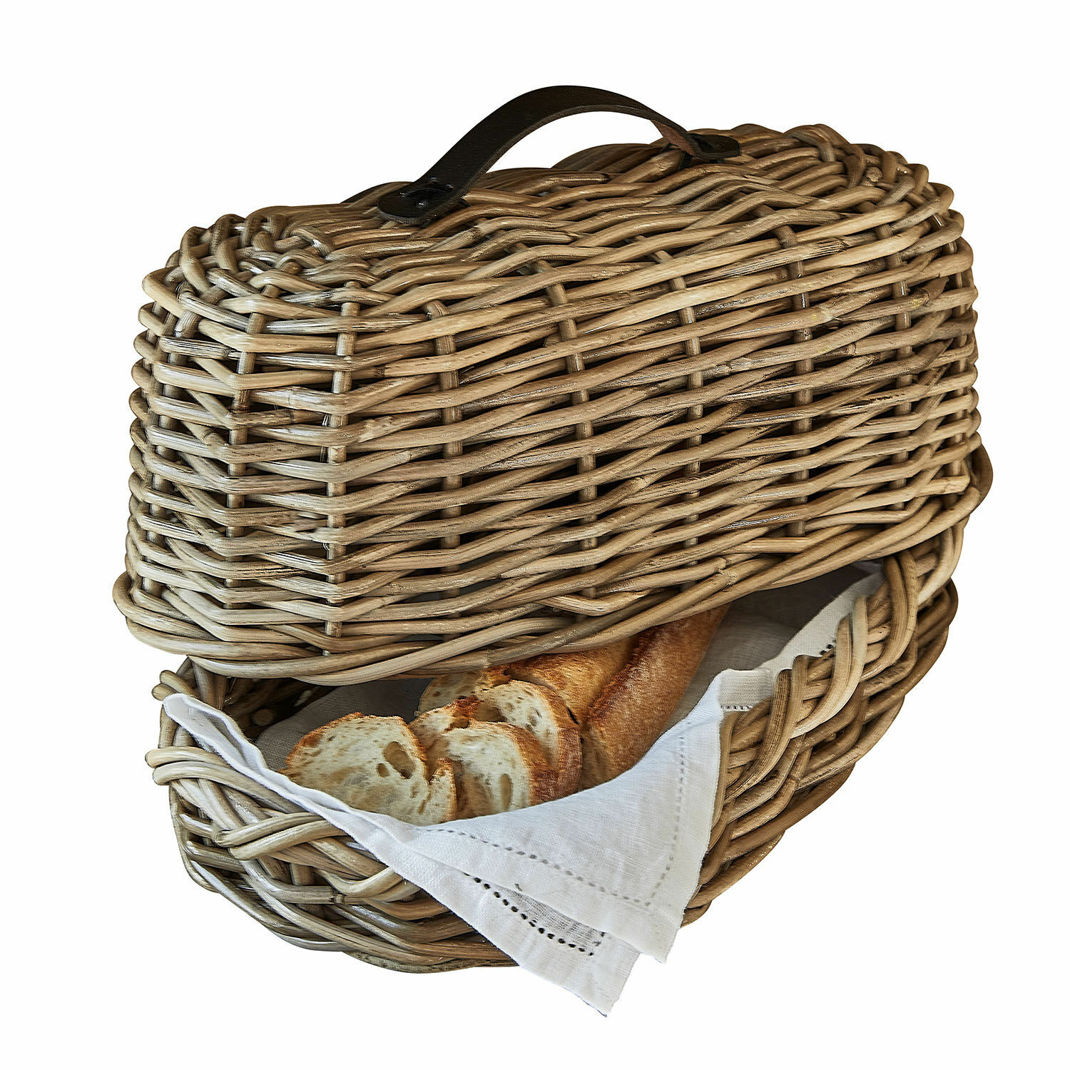 Brotbox Gioialetto Brotkorb aus natürlichem Rattan mit weissem Tuch und Baguette im Innern