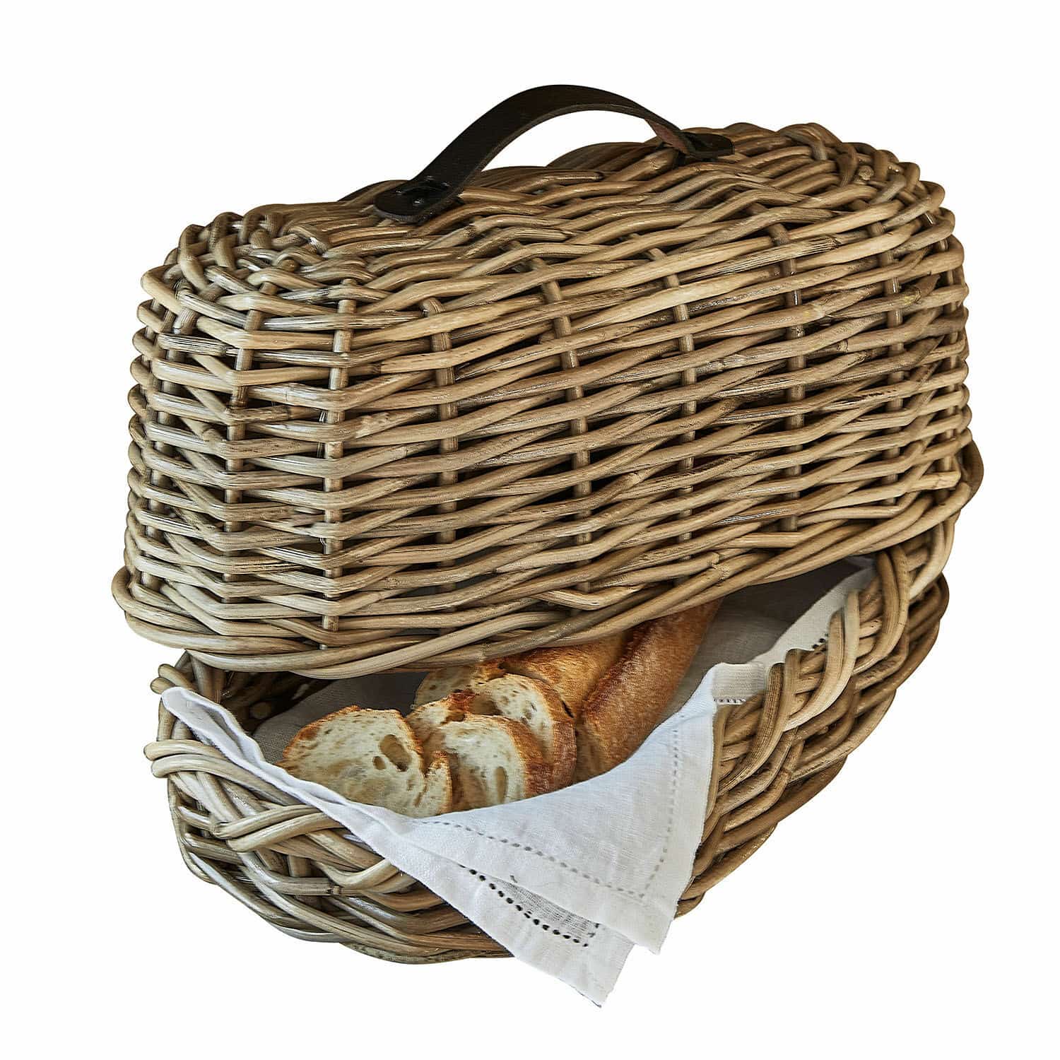 Brotbox Gioialetto Brotkorb aus natürlichem Rattan mit weissem Tuch und Baguette im Innern
