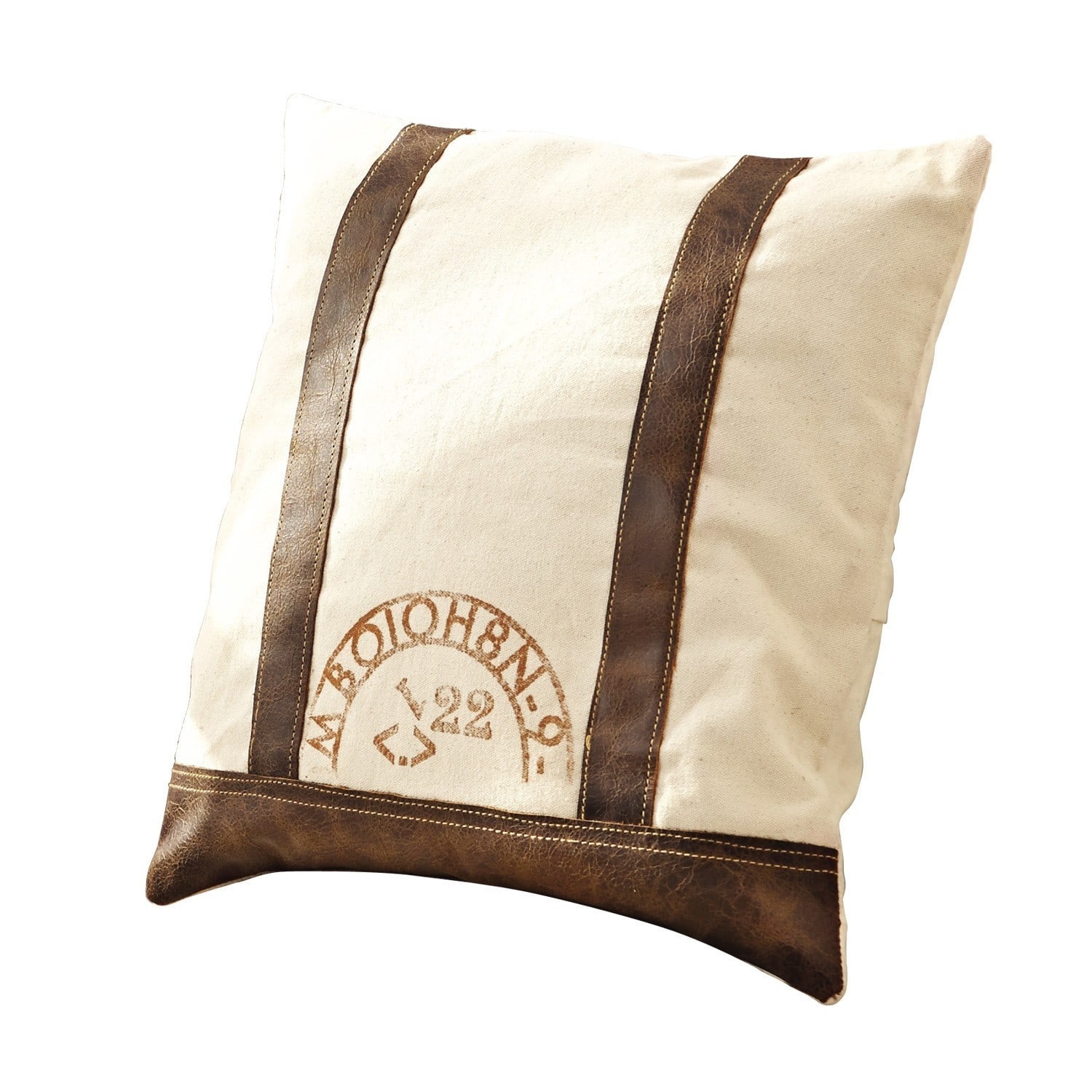 Kissen Kacper Beige Dekokissen mit braunen Lederstreifen und Vintage-Aufdruck aus Stoff und Leder