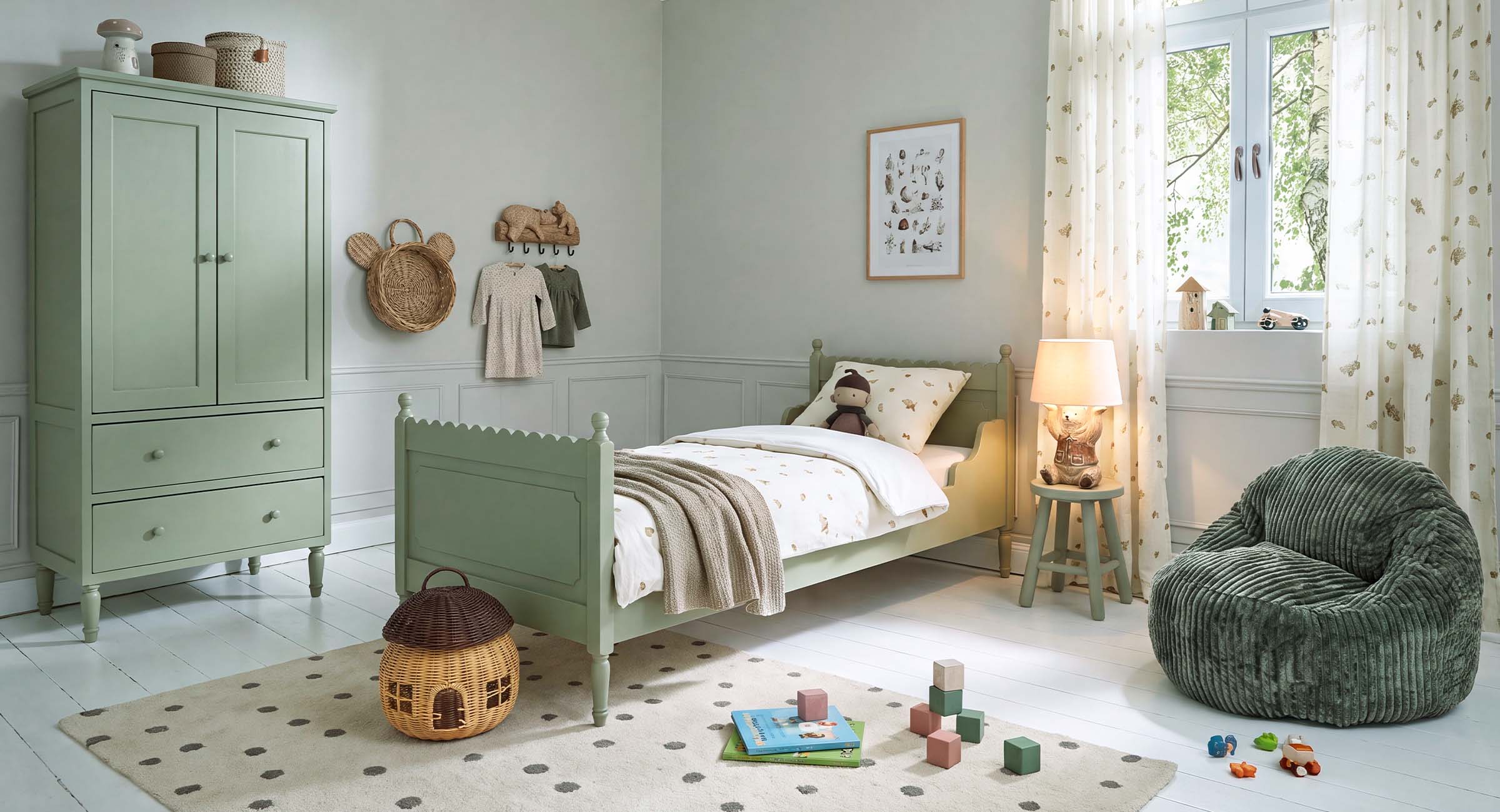 Gemütliches Kinderzimmer mit grünem Holzbett und Schrank, weichem Sessel und Spielzeug