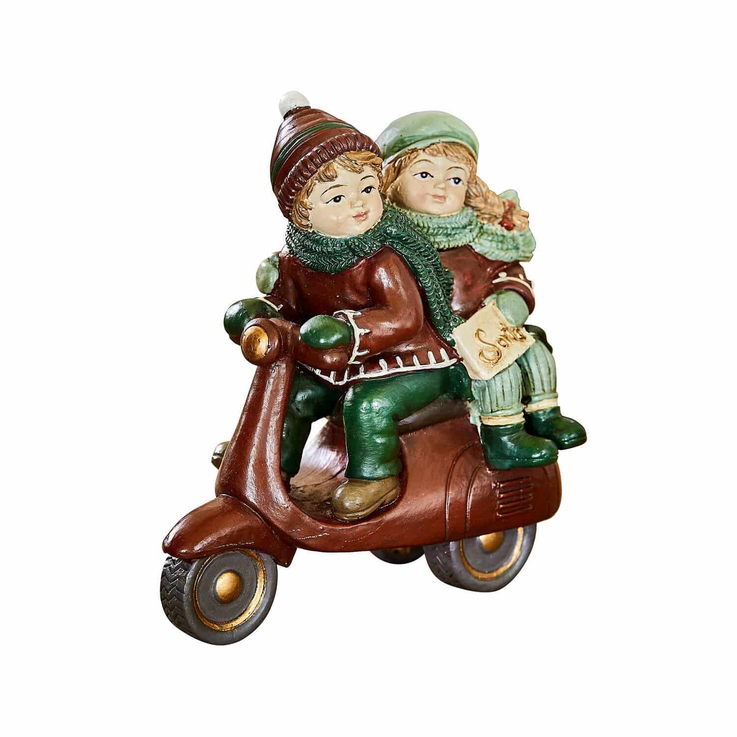 Deko-Figur Dariell Keramikfigur von zwei Kindern auf einem braunen Roller mit grüner Kleidung, Weihnachtsdekoration