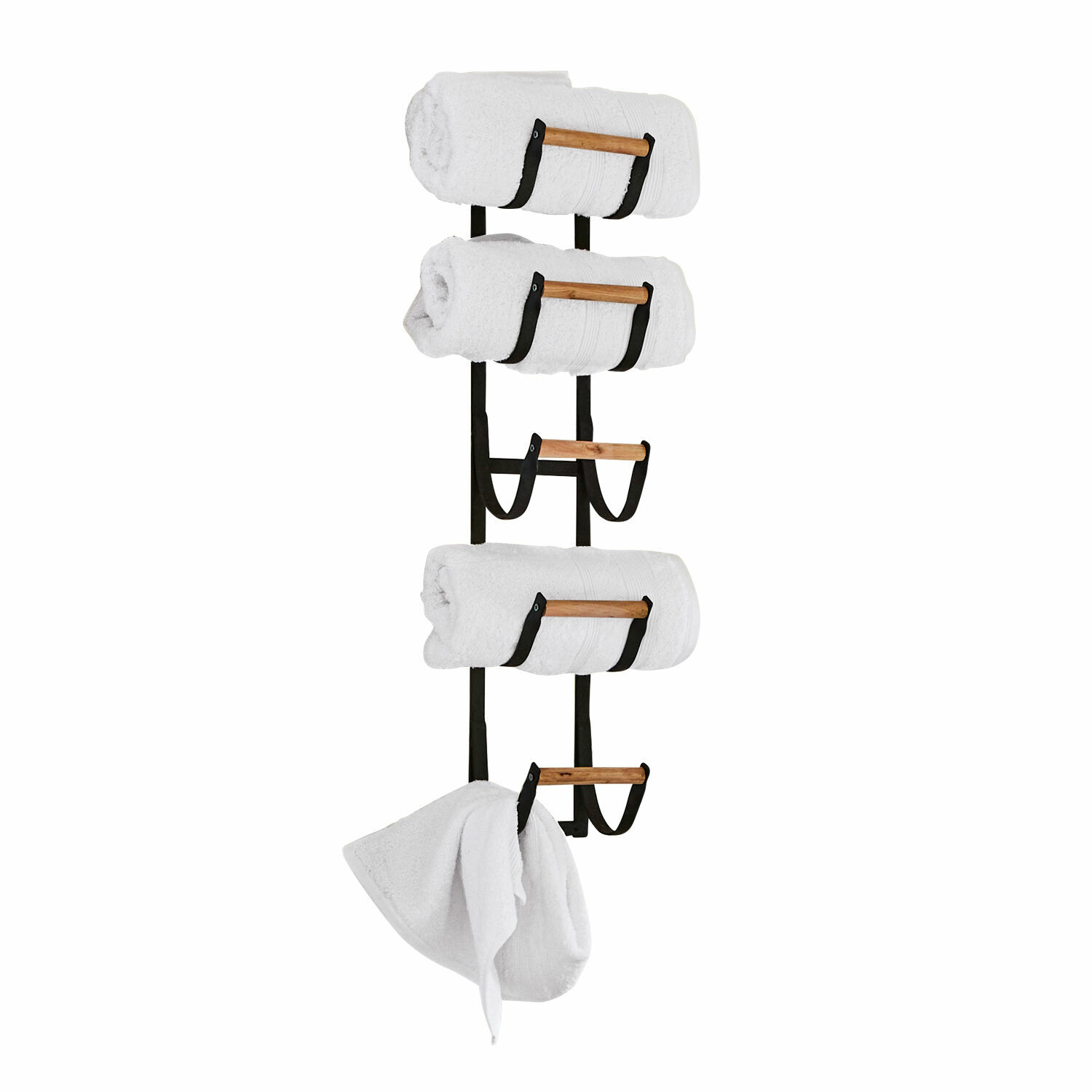 Wandorganizer Utica Schwarzer Metall-Handtuchhalter mit Holzstangen und weissen Handtüchern für das Badezimmer
