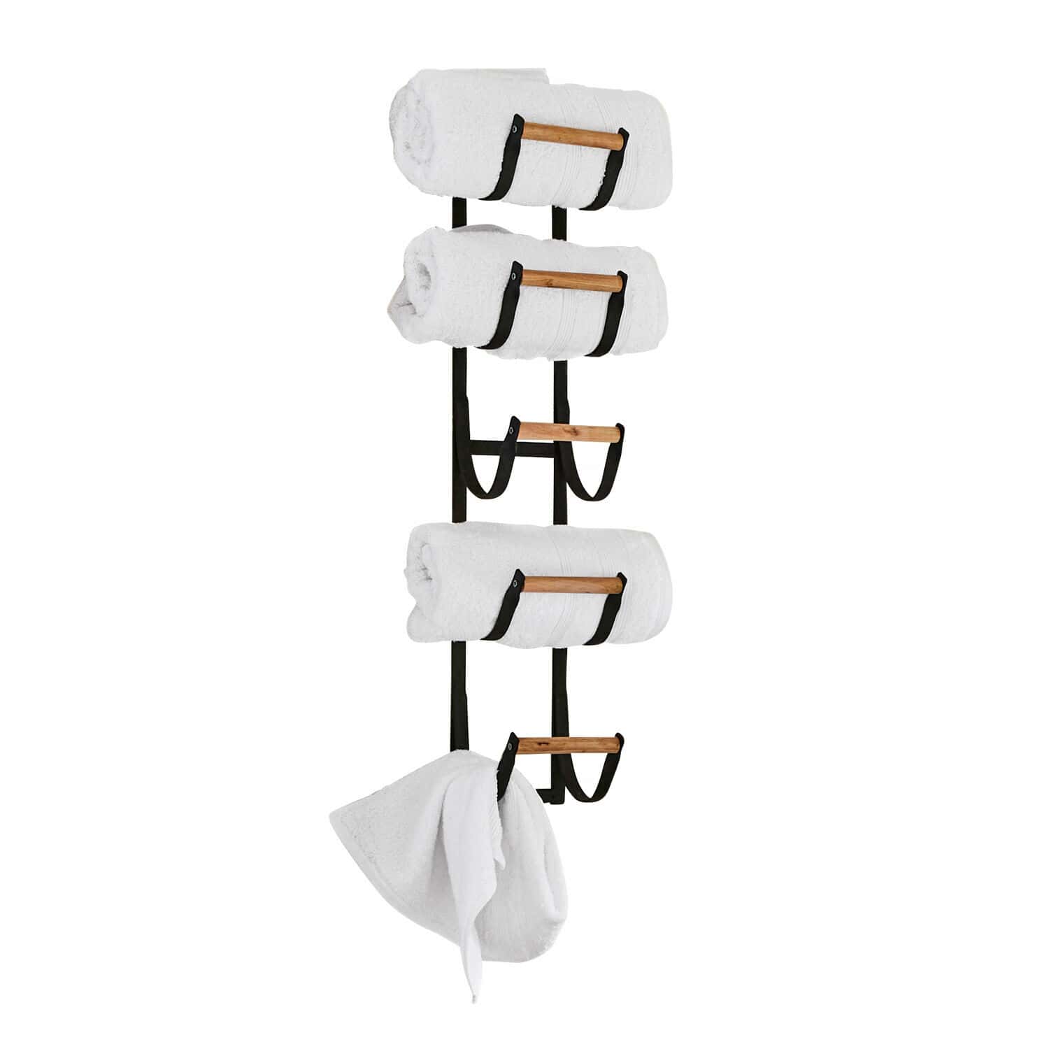Wandorganizer Utica Schwarzer Metall-Handtuchhalter mit Holzstangen und weissen Handtüchern für das Badezimmer