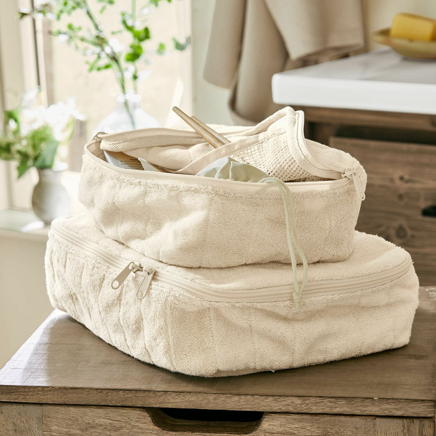 Kosmetiktasche 2er Set Invarel Beige weiches Frottee-Etui mit Reissverschluss zur Aufbewahrung im Haushalt
