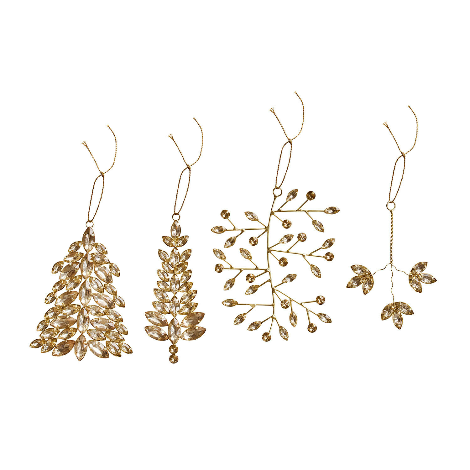Weihnachtssschmuck 4er Set Zaniva Set mit vier goldfarbenen Weihnachtsanhängern mit kristallklaren Blättern zum Aufhängen