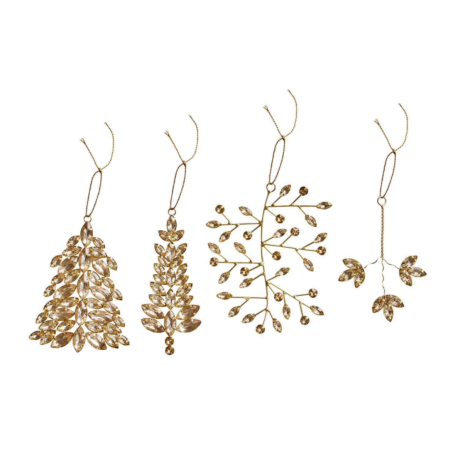 Weihnachtssschmuck 4er Set Zaniva Set mit vier goldfarbenen Weihnachtsanhängern mit kristallklaren Blättern zum Aufhängen